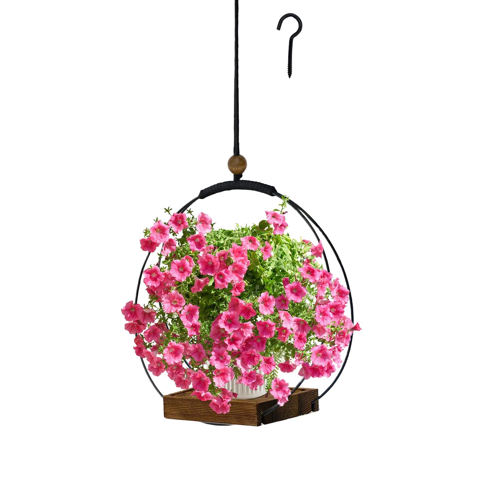 Modern Boho Macrame Plant Hanger, Black Indoor Hanging Planter with Sturdy Wood Base, Wall Ceiling Window Plant Holder for 3–5.5 Inch Pots, Home Decor, Pot Not Included