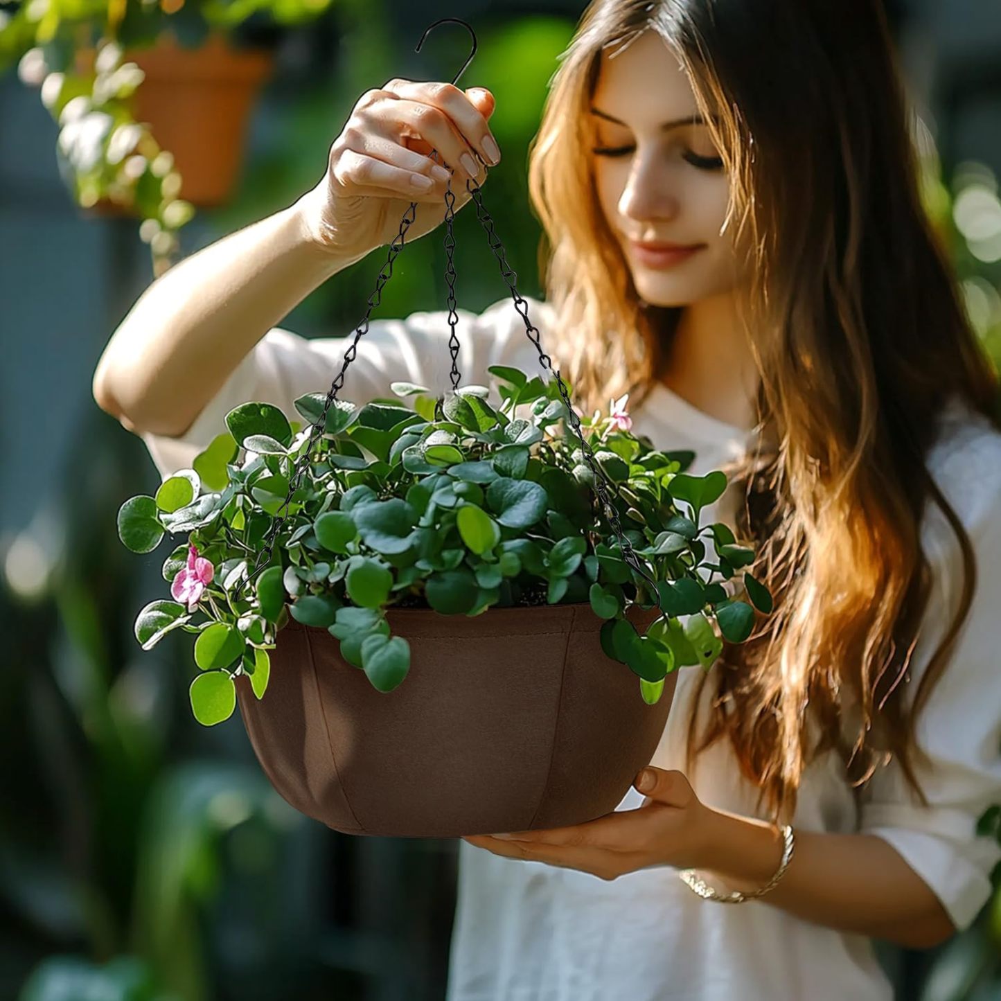 6 Pack 12 Inch Fabric Hanging Planters, Soft Hanging Baskets with Drainage Tray, Breathable Hanging Plant Pots for Outdoor Patio Porch Garden Decor