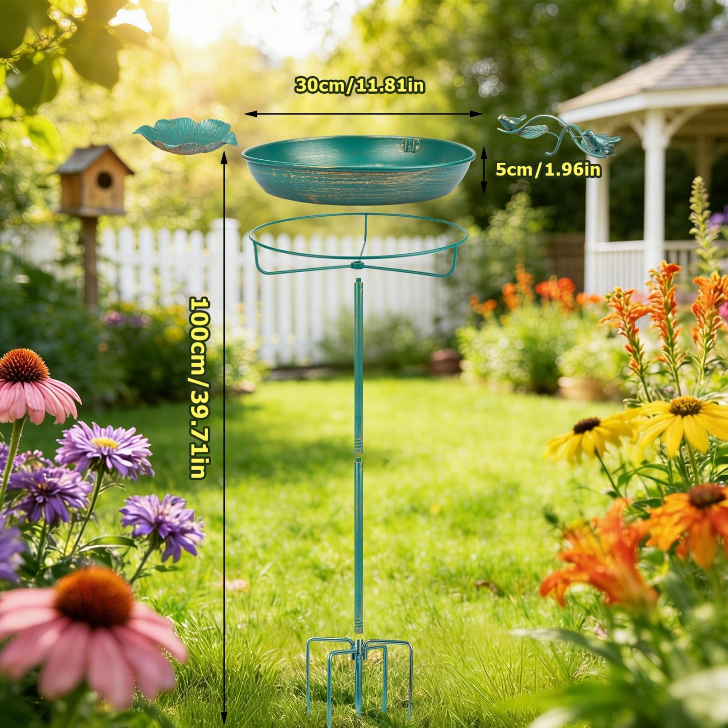 Lake Blue Gold Gilding Metal Bird Bath, 12" Diameter 39" Height Freestanding Birdbath with Perch and Feeder Bowl, Multi-Use Outdoor Decoration for Garden Patio Yard Lawn