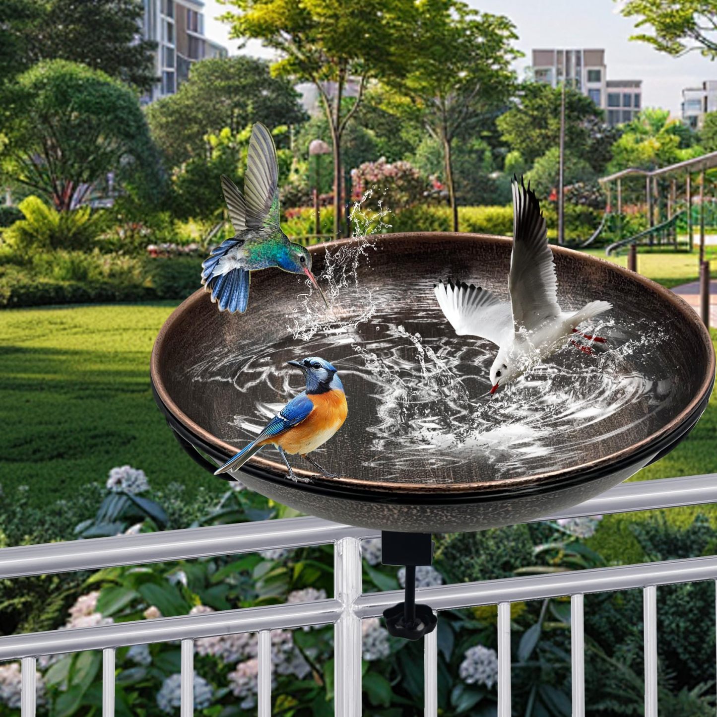Deck Mounted Metal Bird Bath, 12" Detachable Easy Clean Bowl 0.7 Gallon, Adjustable Sturdy Clamp Birdbath for Railing Balcony Fence Outdoor Decor