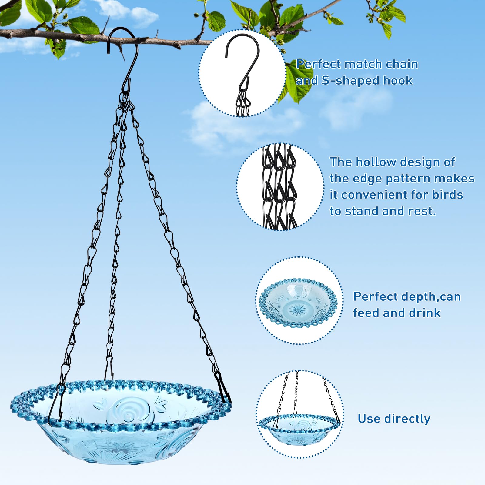 2 Pack Hanging Bird Baths, Blue Plastic Hanging Bird Feeders for Outdoors, Hanging Bird Water Bowl for Garden Yard Decor