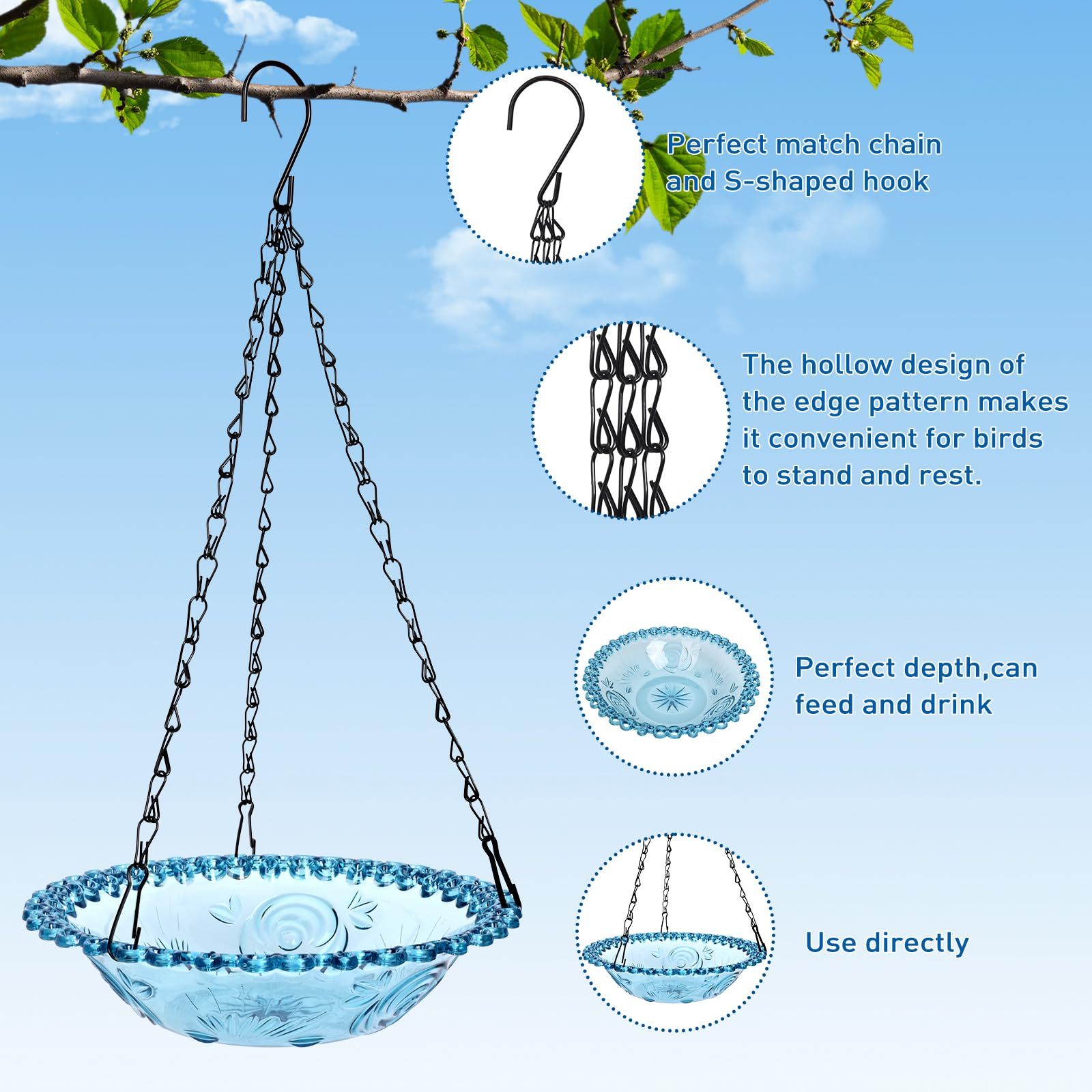 2 Pack Hanging Bird Baths, Blue Plastic Hanging Bird Feeders for Outdoors, Hanging Bird Water Bowl for Garden Yard Decor