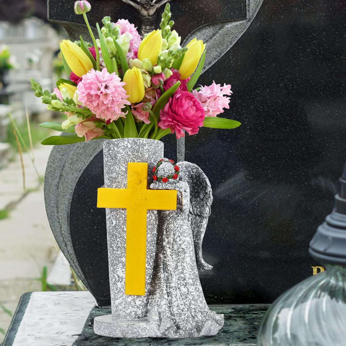 Angel Garden Statue with Solar Cross Lights