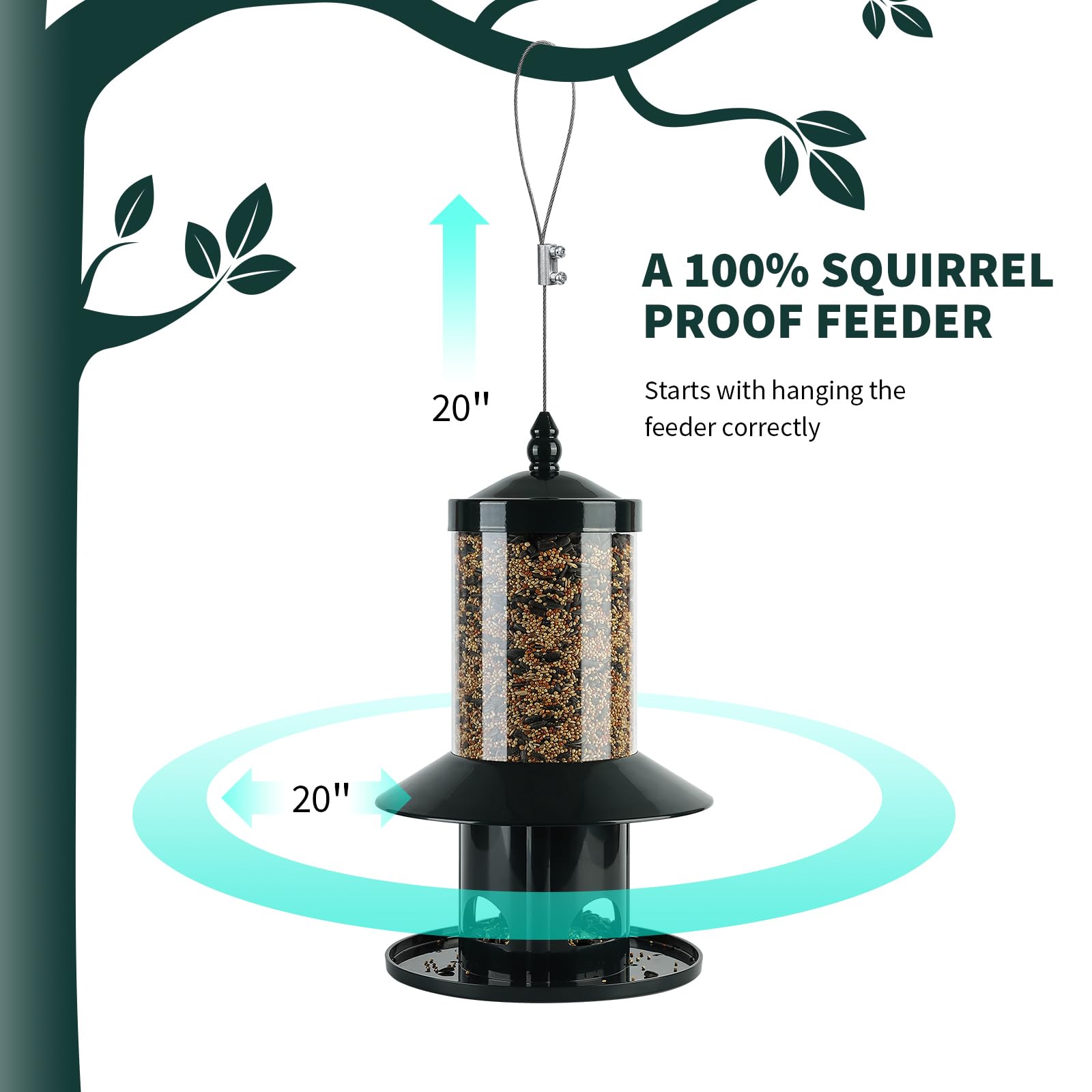 Squirrel Proof Bird Feeder, 360° Feeding Perch Tray, Outdoor Hanging Wild Bird Seed Feeder, Dark Green