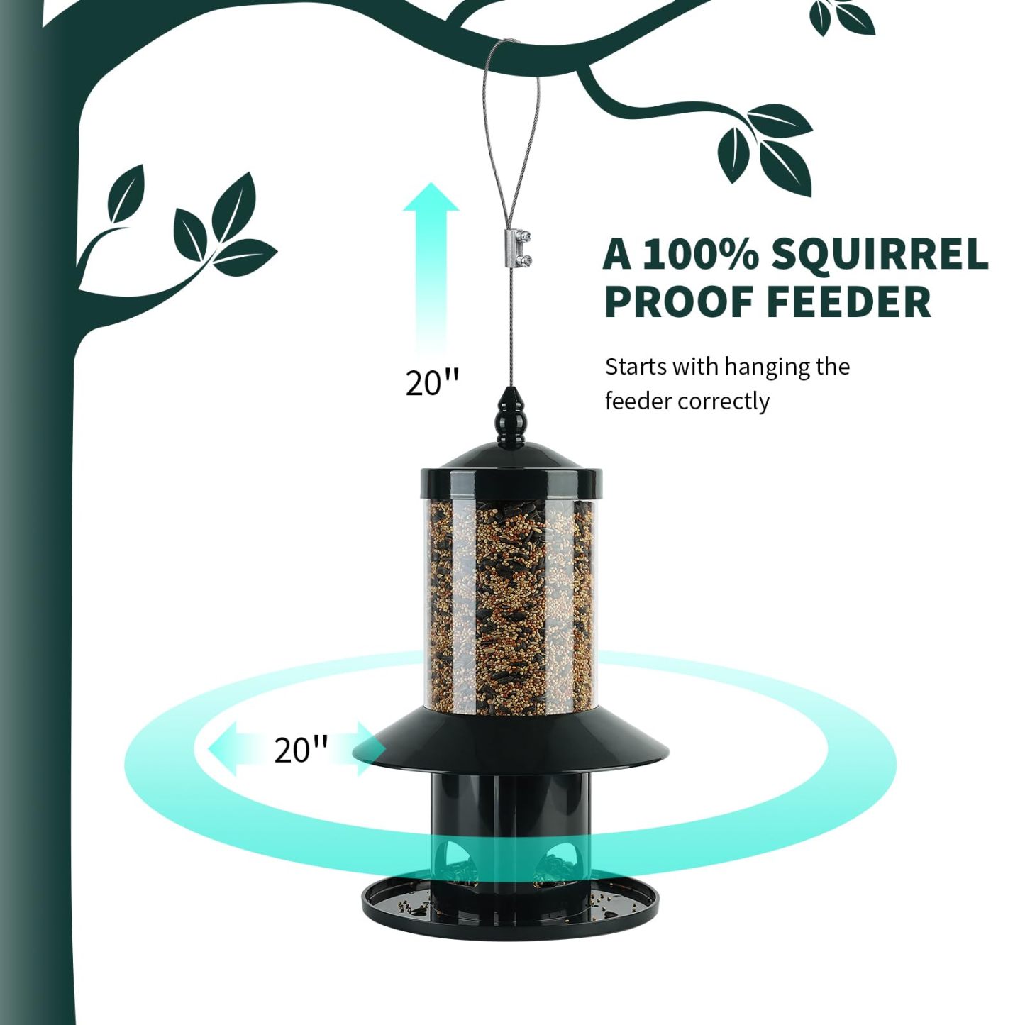 Squirrel Proof Bird Feeder, 360° Feeding Perch Tray, Outdoor Hanging Wild Bird Seed Feeder, Dark Green