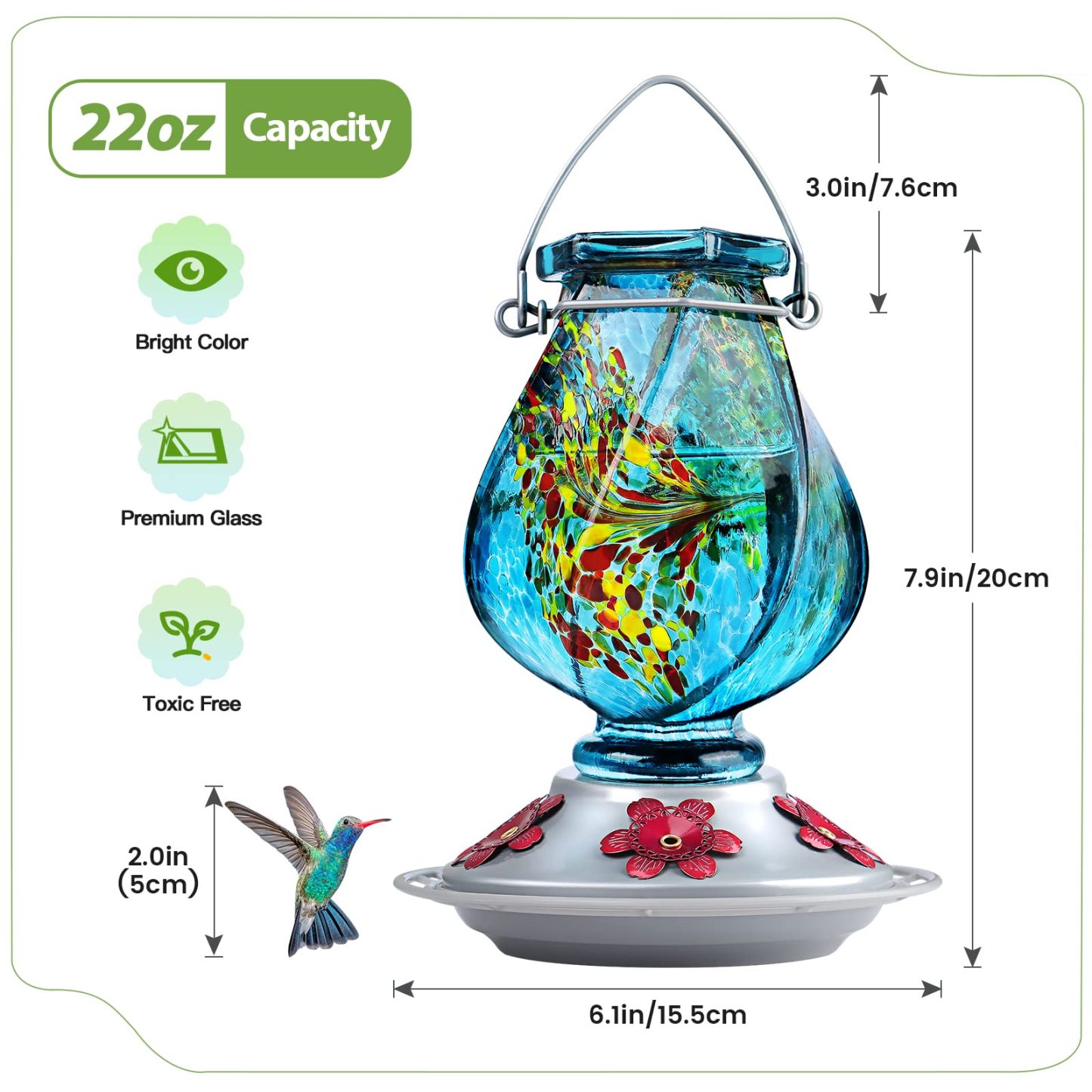22oz Hand Blown Glass Hummingbird Feeder, Outdoor Hanging with Ant Moat, 5 Bee-Proof Feeding Ports, 360° Perch Leak-Proof Design, Blue Perfect Gift for Mom Dad Women Men