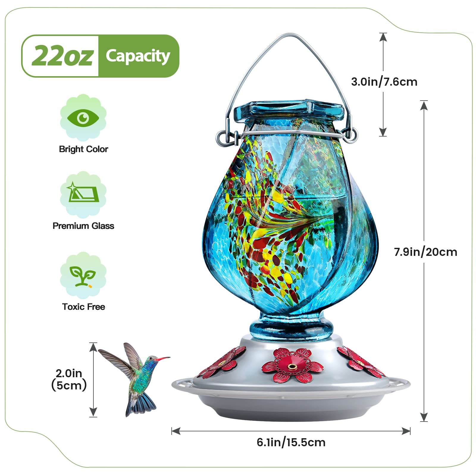 22oz Hand Blown Glass Hummingbird Feeder, Outdoor Hanging with Ant Moat, 5 Bee-Proof Feeding Ports, 360° Perch Leak-Proof Design, Blue Perfect Gift for Mom Dad Women Men