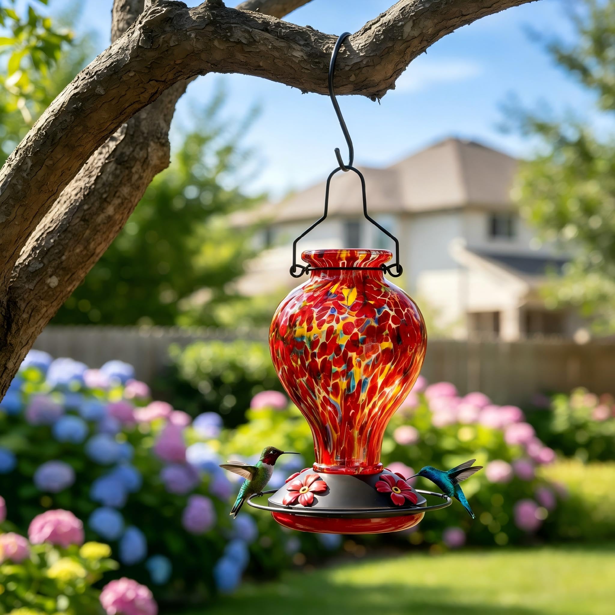 Hand Blown Glass Hummingbird Feeder, 24oz Hanging Wild Bird Feeder with Ant Moat Perch, Bee Resistant Ports, Red Polka Dots Garden Decor Gift for Mom Women