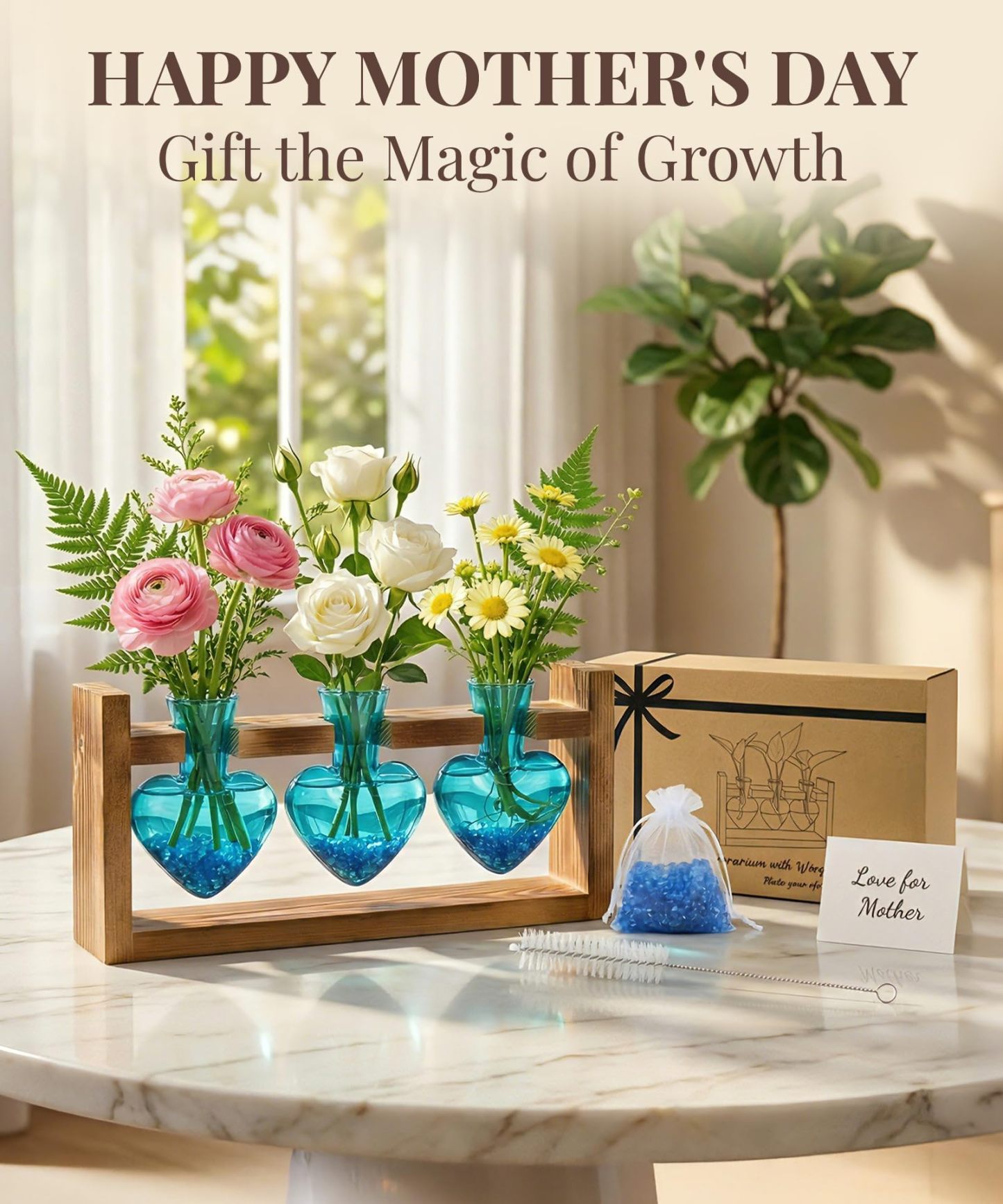 Plant Terrarium Propagation Station, 3 Bulb Glass Vases with Wooden Stand, Mothers Day Gifts for Mom Plant Lovers Women Wife Daughter, Tabletop Hydroponic Planter for Home Garden Decor