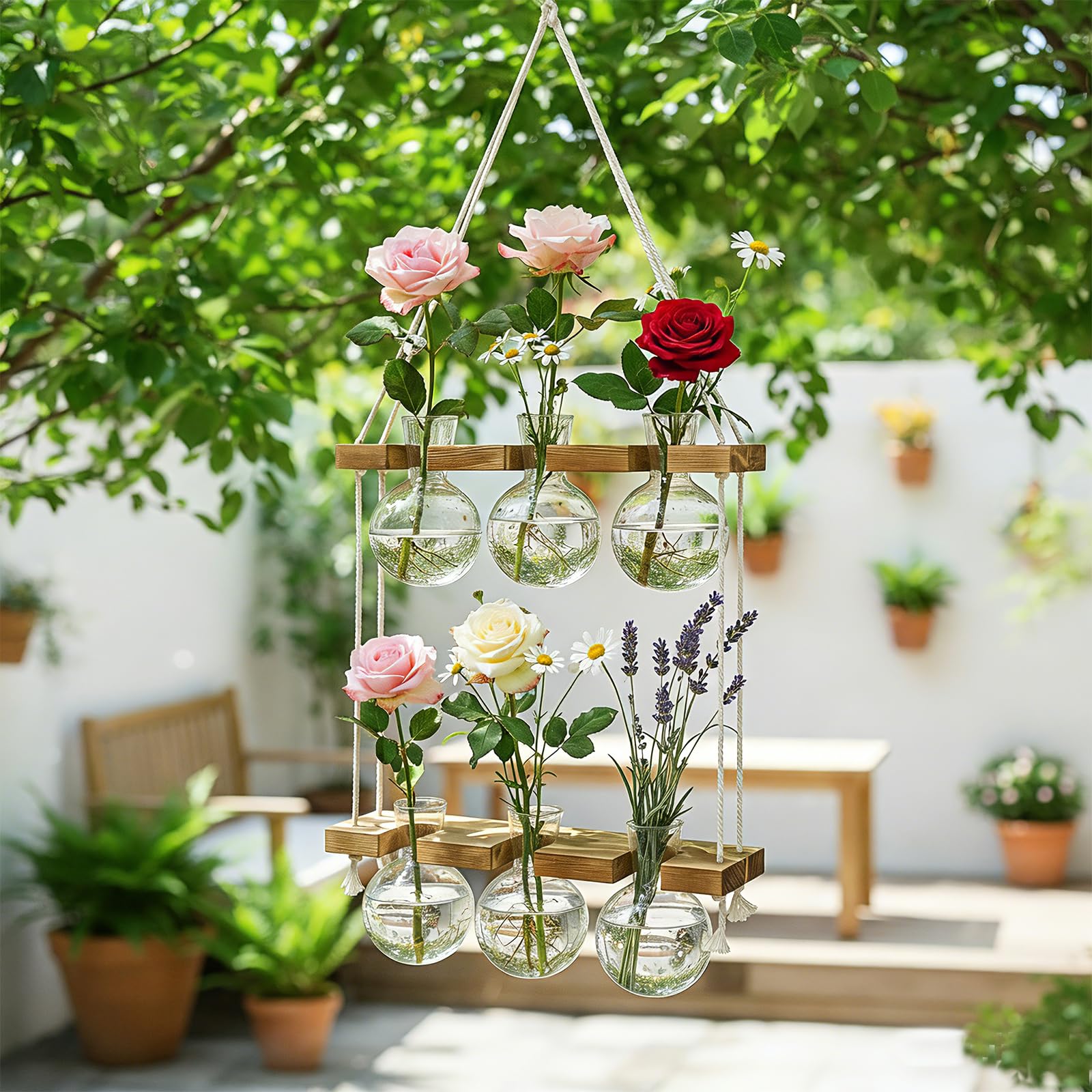 2 Tier Wall Hanging Plant Propagation Station, Wooden Stand Hydroponic Terrarium with 6 Bulb Glass Vases, Home Wall Decor Gardening Gifts for Plant Lovers
