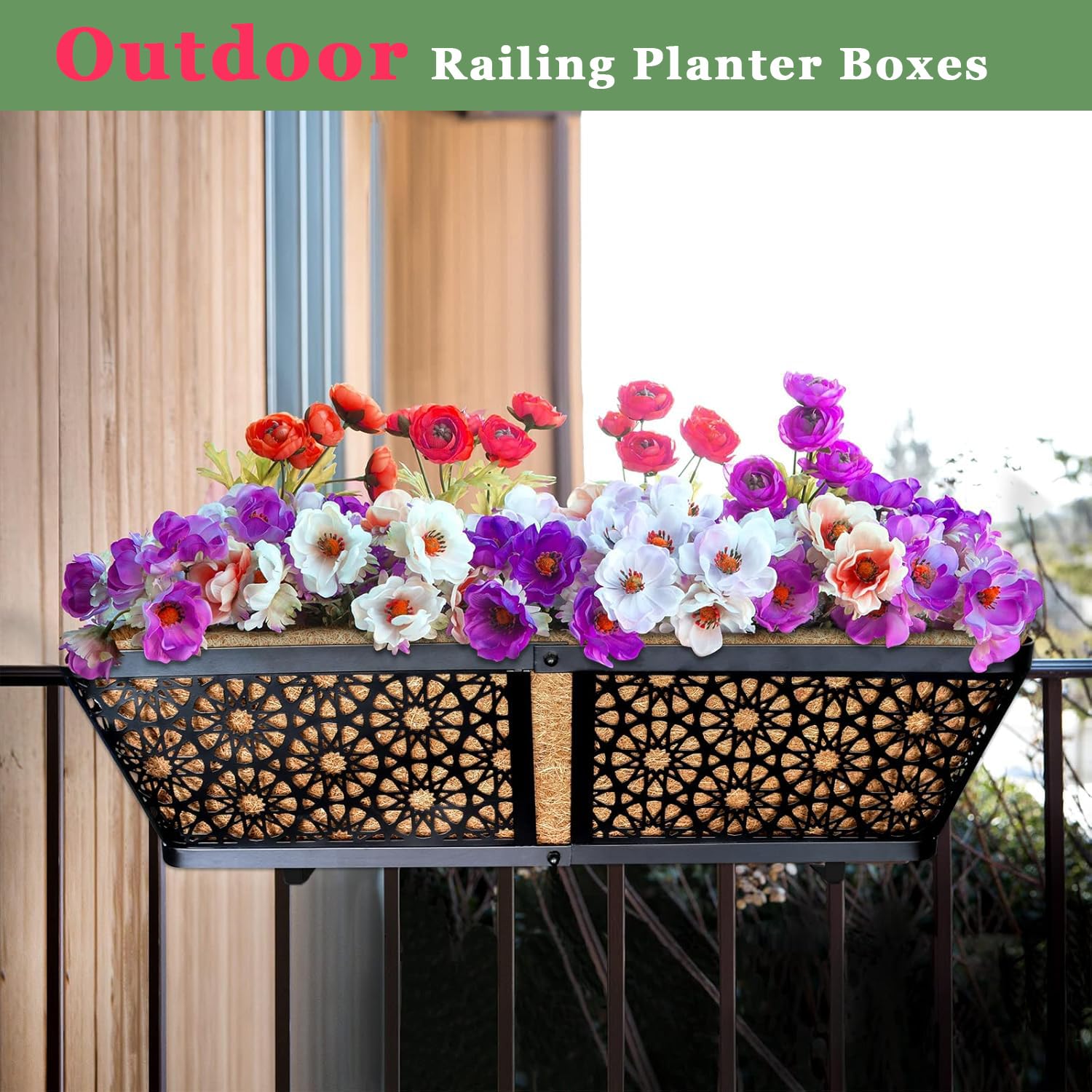 2 Pack 24 Inch Hanging Railing Planter Boxes, Window Flower Planters with Coco Liner & Adjustable Brackets for Outdoor Balcony Deck Fence