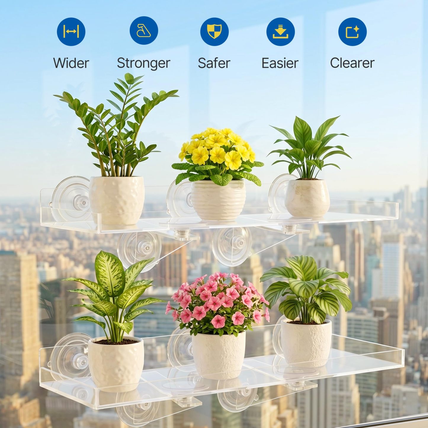 2 Pack 15.7 x 5.9 Inch Acrylic Window Plant Shelves, Heavy Duty Suction Cup Floating Shelf with Support Bracket for Indoor Succulents Plants