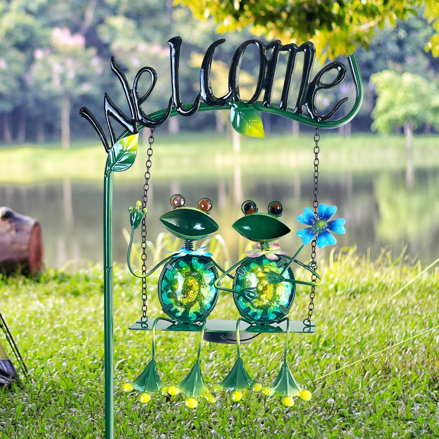 48 Inch Solar Frog Swing Garden Stake, Waterproof Outdoor Landscape Lights with Welcome Sign, Decorative Yard Patio Ornament, Gift for Mom & Women