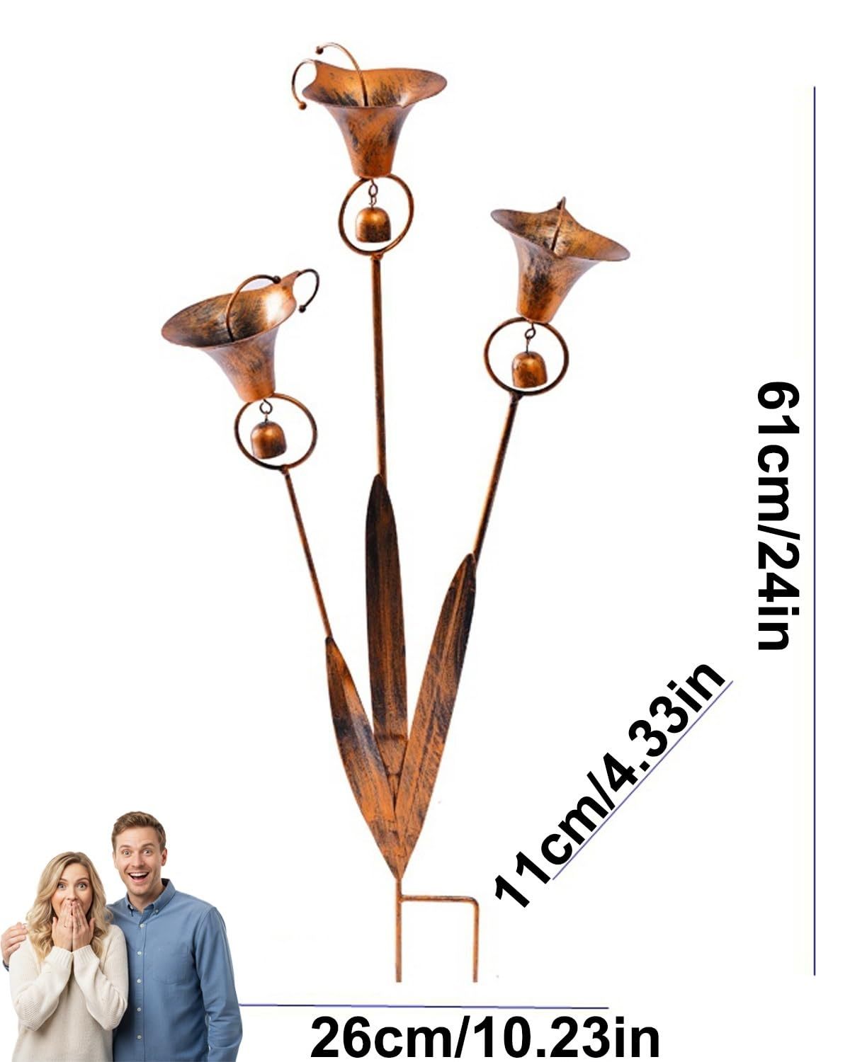 24 Inch Handmade Flamed Copper Calla Lily Garden Stake, 3 Flowers with Bells & Rain Catcher, Rustic Metal Yard Art Sculpture, Wind Chime Ornament & Gift