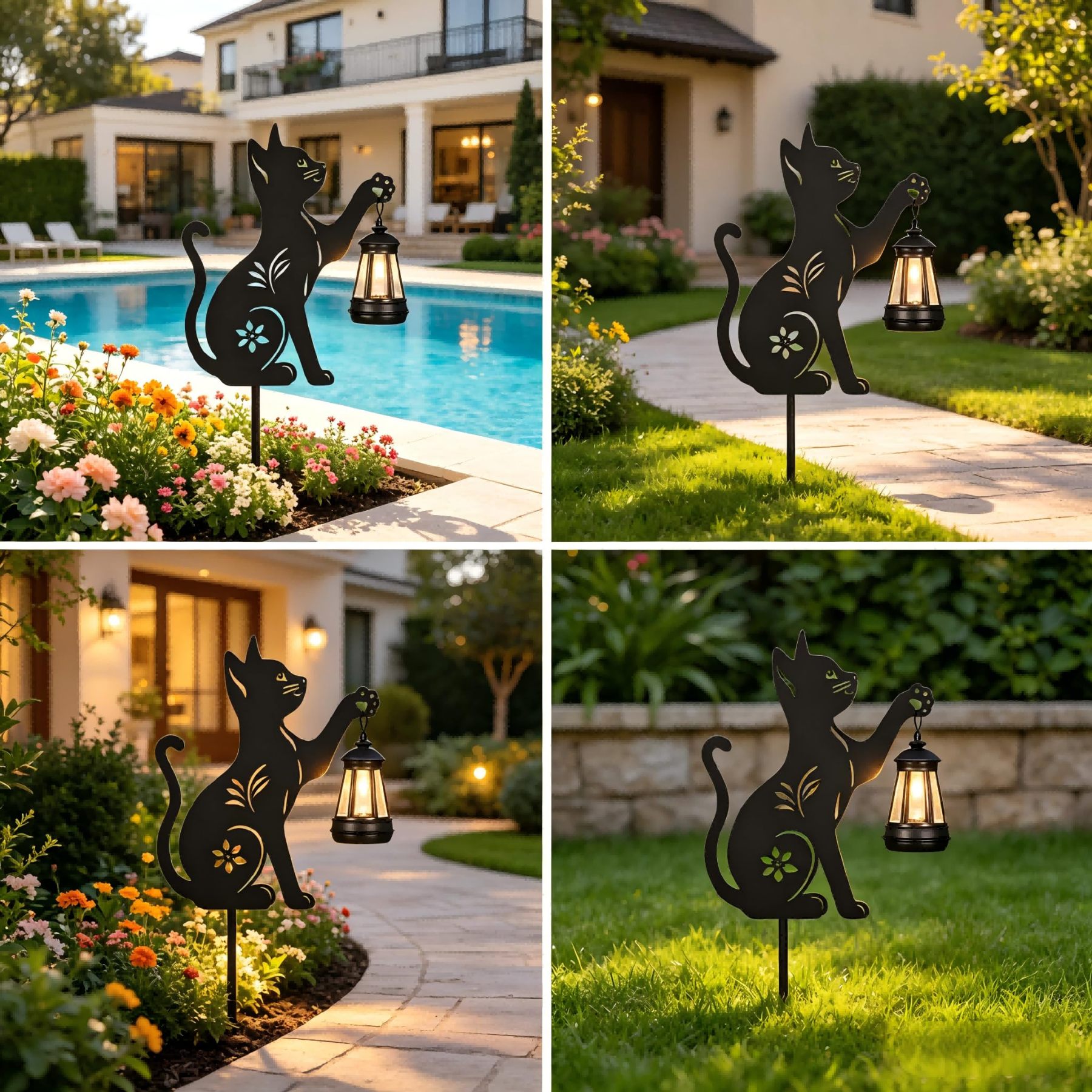 2 Pack Solar Cat Lantern, Hanging Black Cat Solar Lights, Metal Garden Stakes Statue for Yard Lawn Patio Decor, Ideal Gifts for Mom Grandma Women