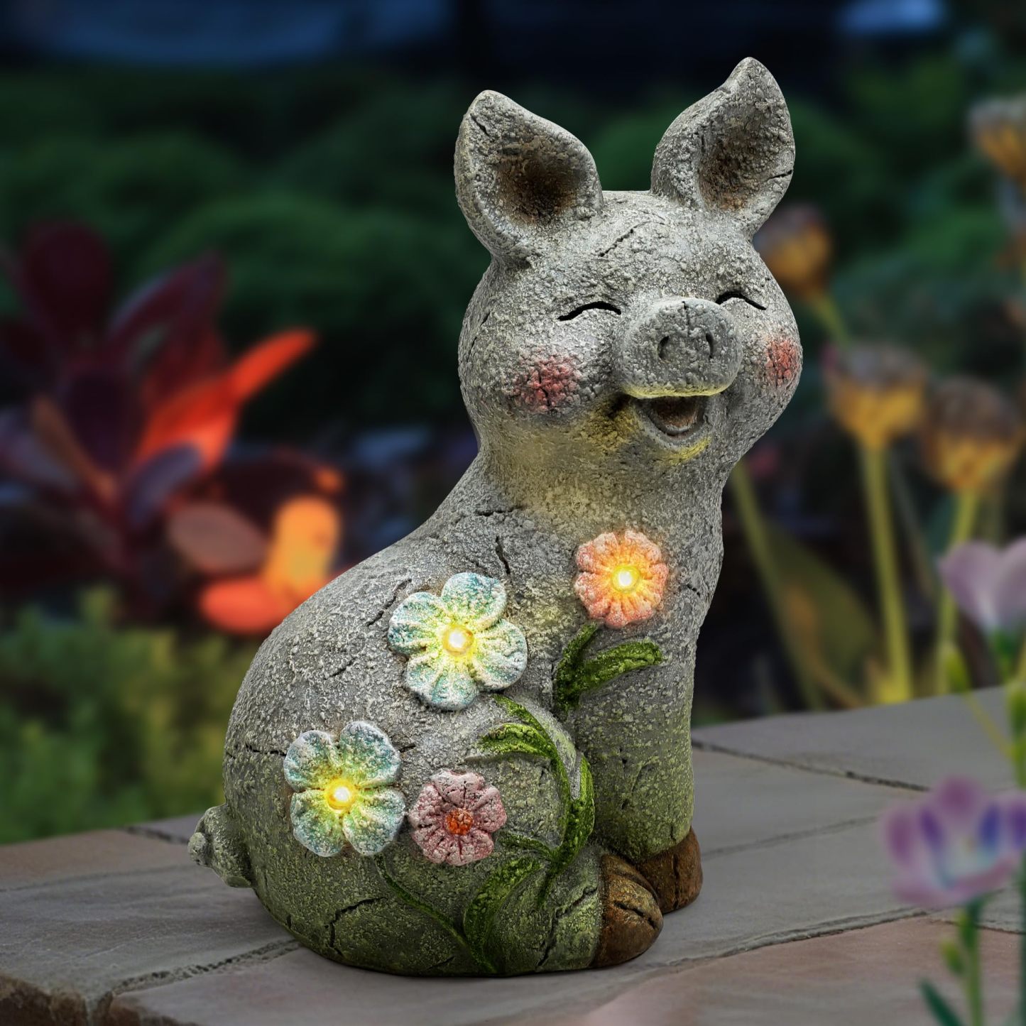 Solar Powered Pig Statue with LED Lights, Outdoor Resin Pig Figurine Garden Decor for Yard Lawn Patio Balcony, Unique Birthday Housewarming Gift for Mom & Women