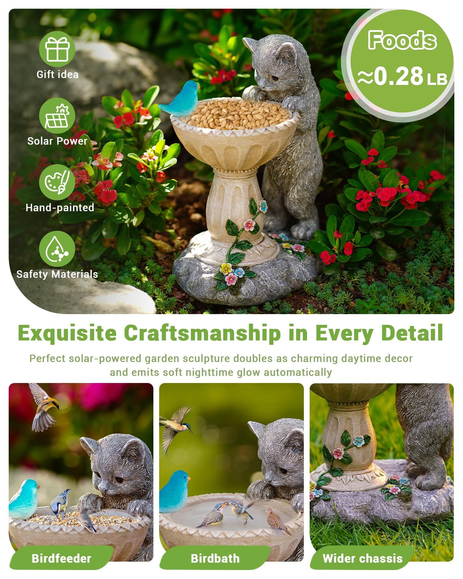 Solar Powered Cat Garden Statue with Auto LED Lights, IP44 Waterproof Resin Outdoor Figurine for Yard Patio Balcony, Unique Birthday Gift for Mom, Grandma & Bird Lovers