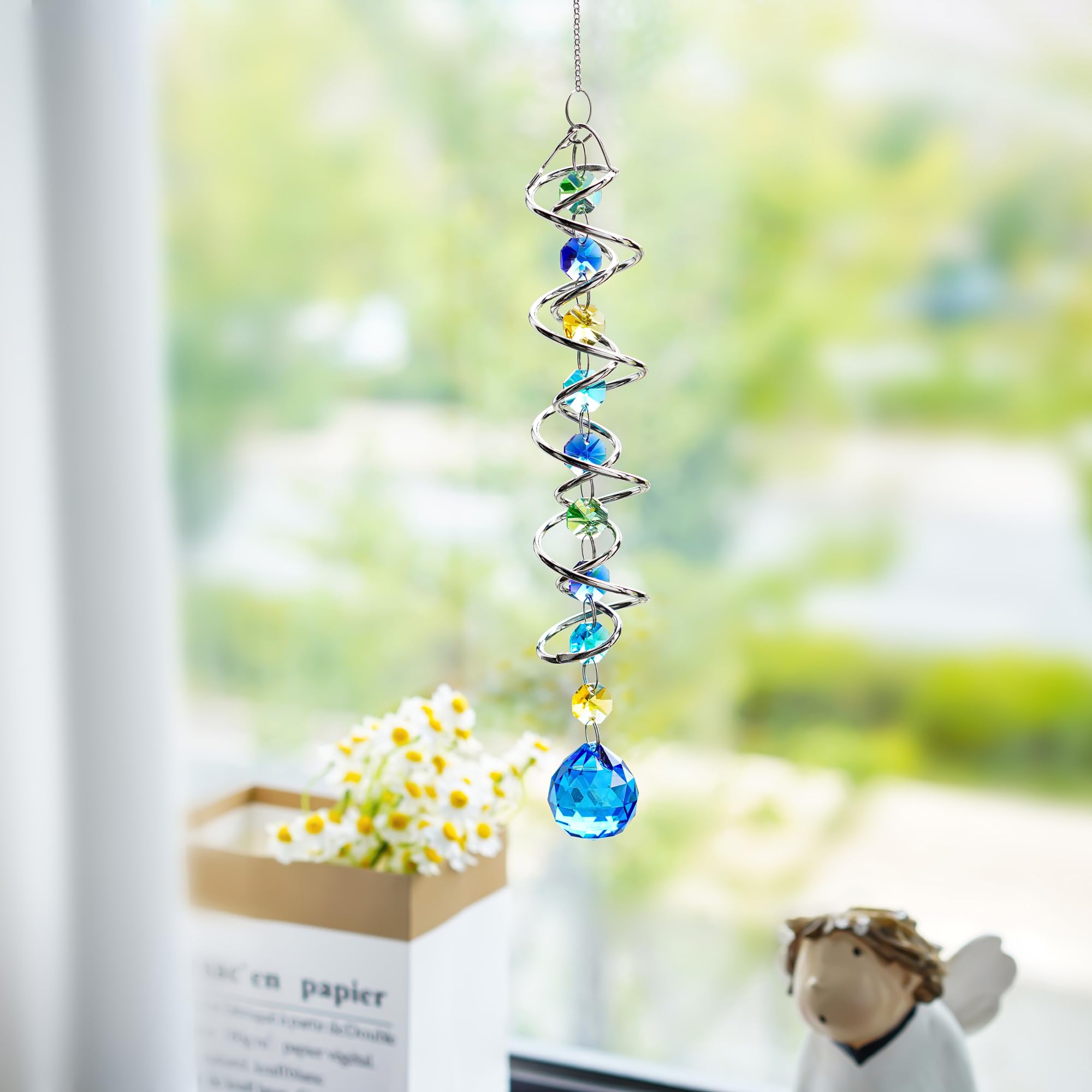 20.5 Inch Double Spiral Wind Spinner with Sea Blue Crystal Gazing Ball, Hanging Sun Catcher Rainbow Maker for Indoor Outdoor Decor