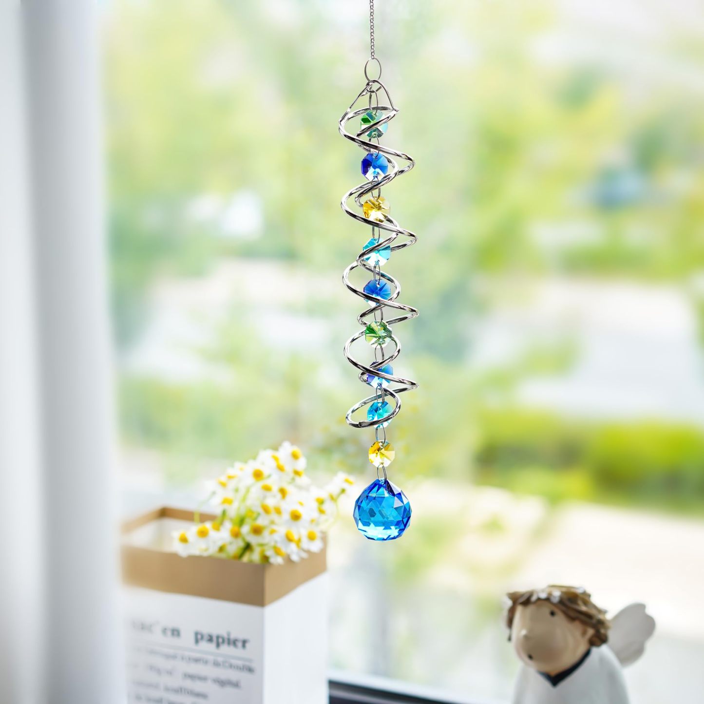 20.5 Inch Double Spiral Wind Spinner with Sea Blue Crystal Gazing Ball, Hanging Sun Catcher Rainbow Maker for Indoor Outdoor Decor