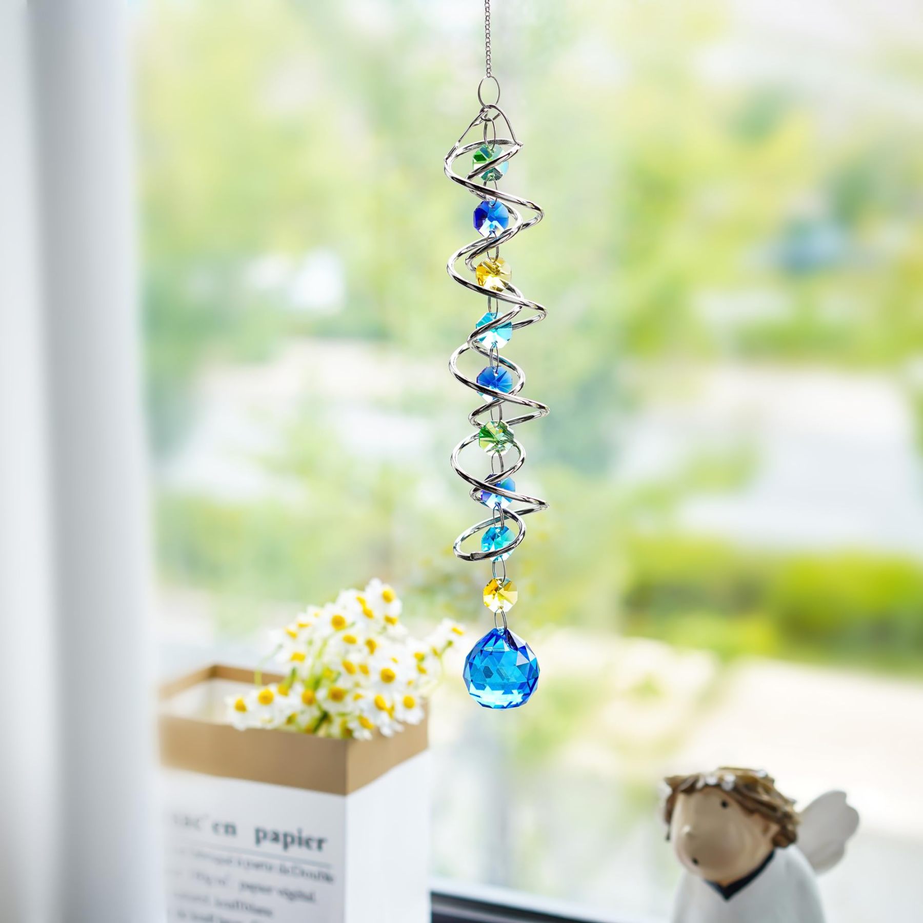 20.5 Inch Double Spiral Wind Spinner with Sea Blue Crystal Gazing Ball, Hanging Sun Catcher Rainbow Maker for Indoor Outdoor Decor