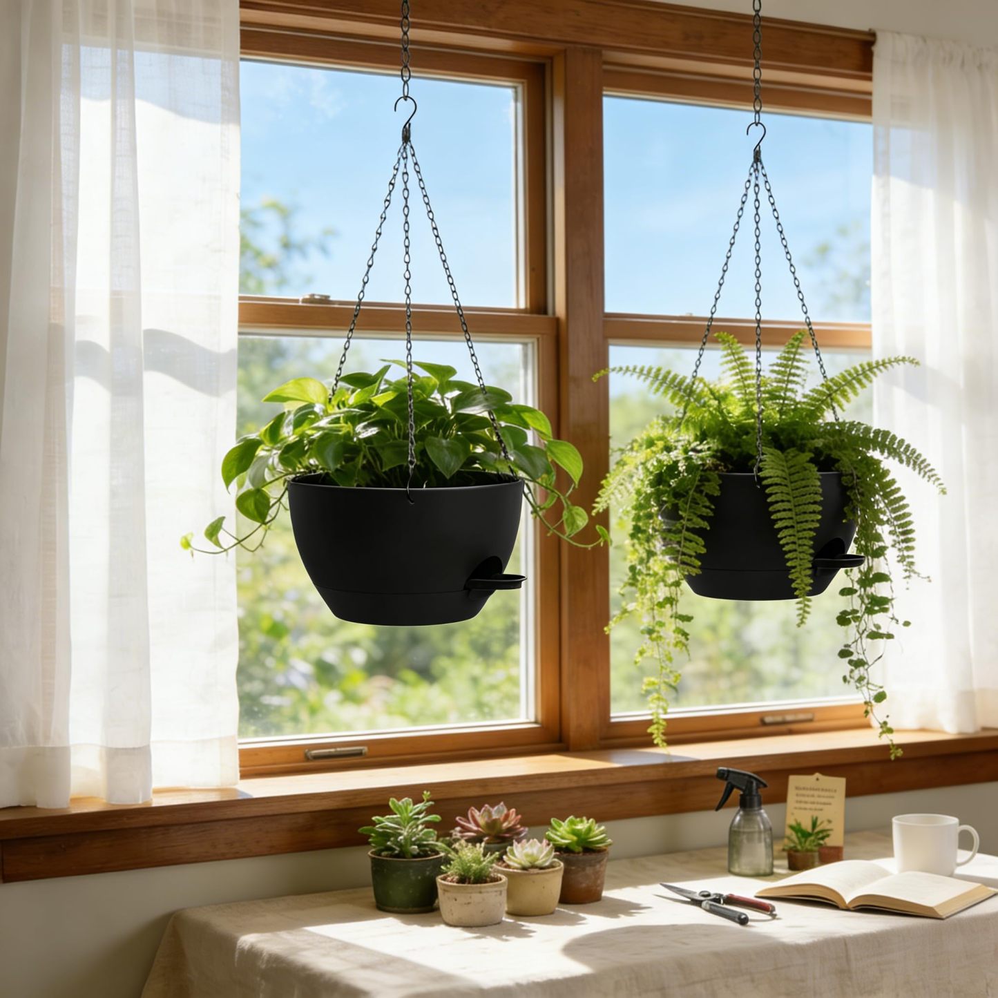 2 Pack 13 Inch Large Self Watering Hanging Planters, Plastic Hanging Plant Pots with Removable 50 Oz Water Reservoir, Indoor Outdoor Hanging Basket for Window, Porch, Garden, Balcony