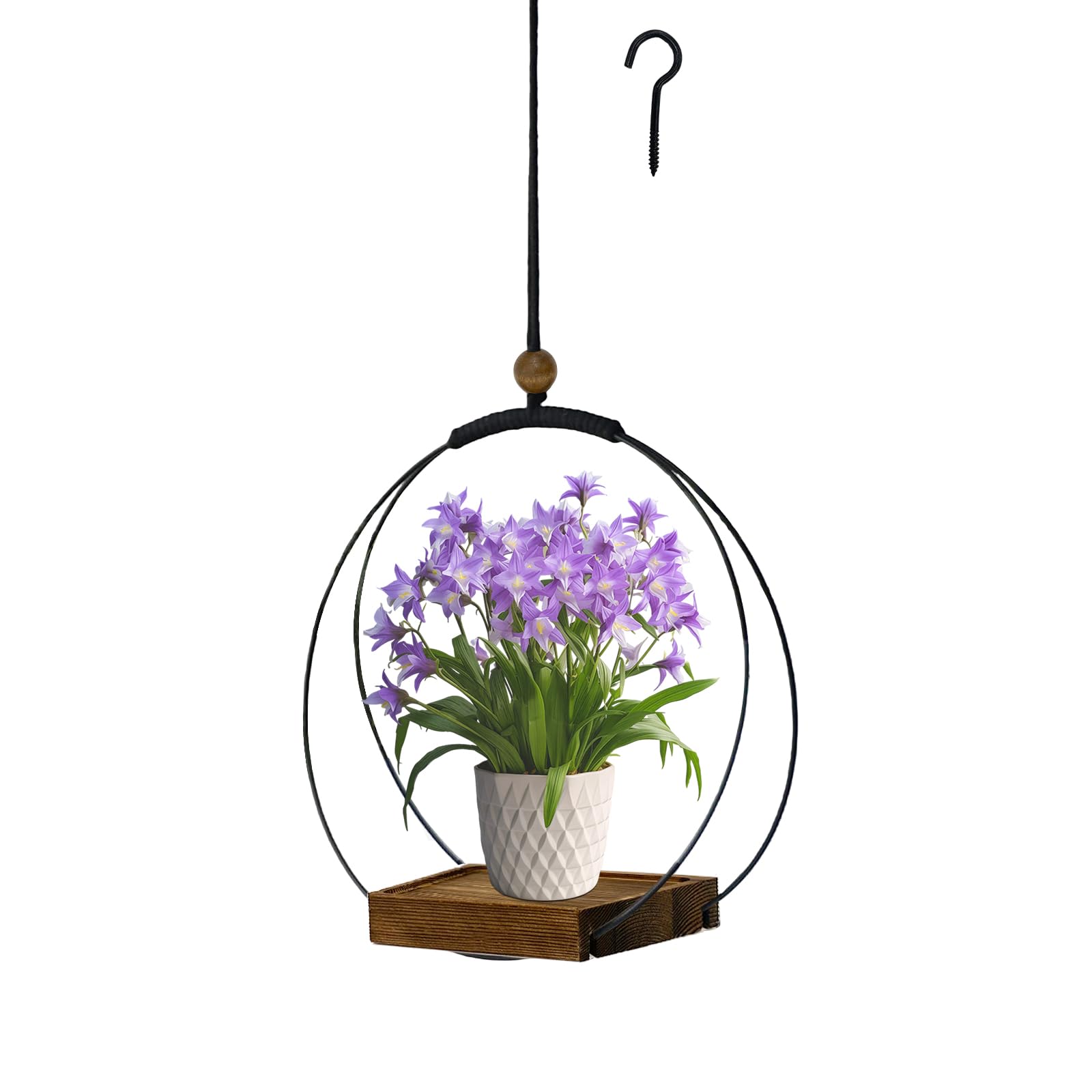 Modern Boho Macrame Plant Hanger, Black Indoor Hanging Planter with Sturdy Wood Base, Wall Ceiling Window Plant Holder for 3–5.5 Inch Pots, Home Decor, Pot Not Included