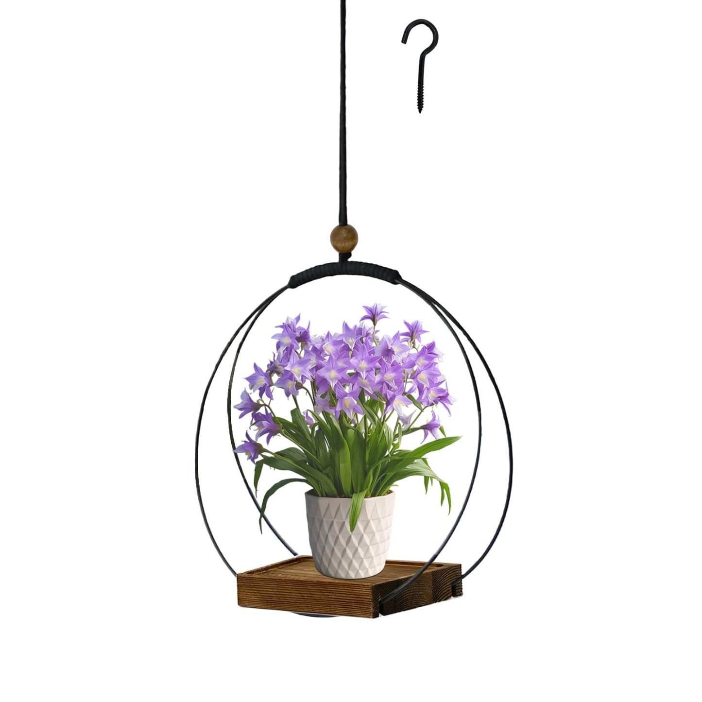 Modern Boho Macrame Plant Hanger, Black Indoor Hanging Planter with Sturdy Wood Base, Wall Ceiling Window Plant Holder for 3–5.5 Inch Pots, Home Decor, Pot Not Included