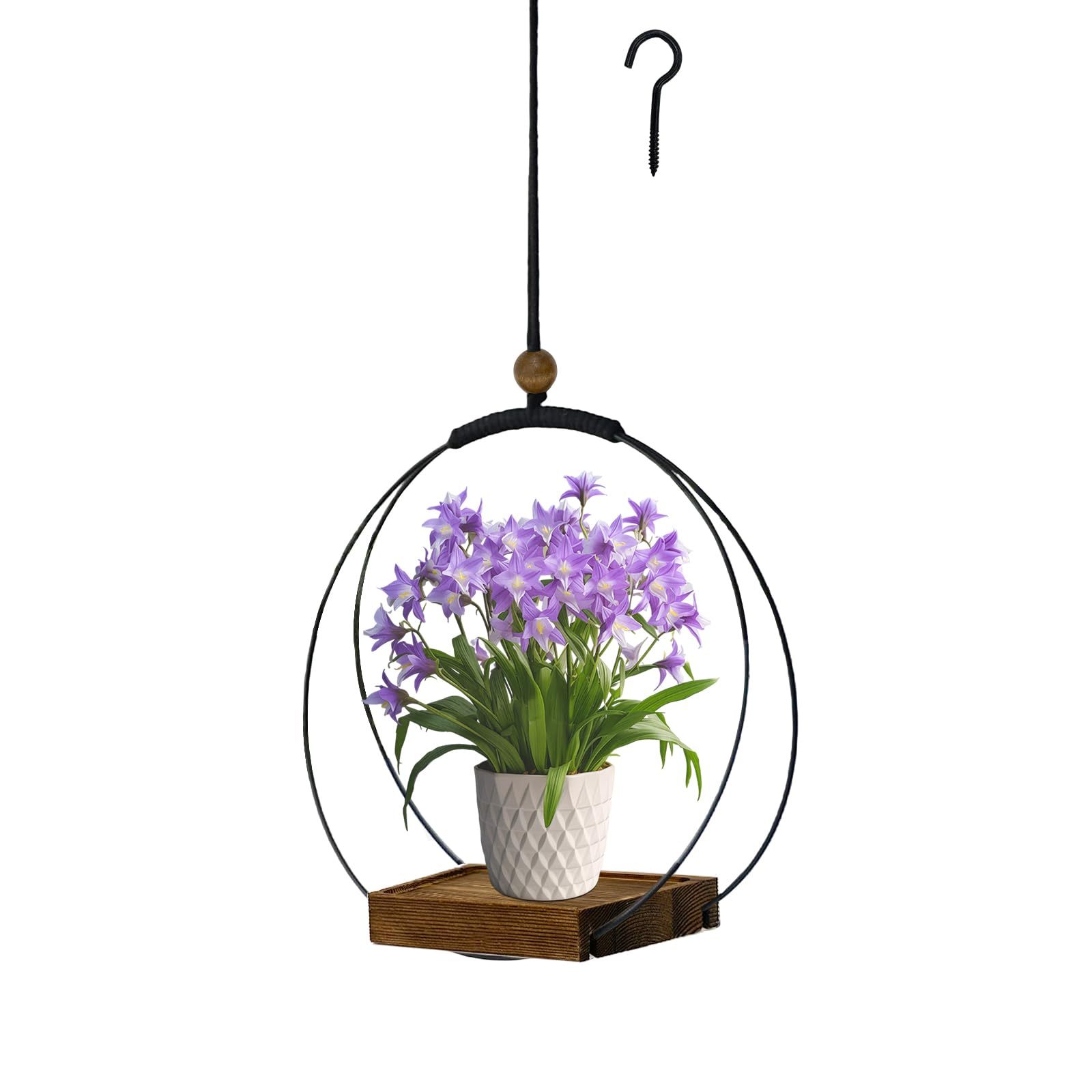 Modern Boho Macrame Plant Hanger, Black Indoor Hanging Planter with Sturdy Wood Base, Wall Ceiling Window Plant Holder for 3–5.5 Inch Pots, Home Decor, Pot Not Included