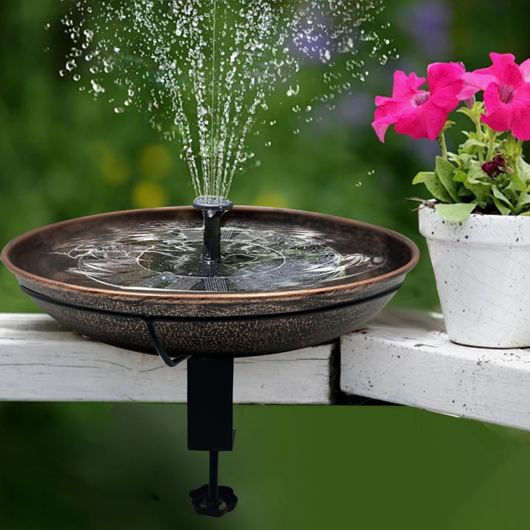 Deck Mounted Metal Bird Bath, 12" Detachable Easy Clean Bowl 0.7 Gallon, Adjustable Sturdy Clamp Birdbath for Railing Balcony Fence Outdoor Decor