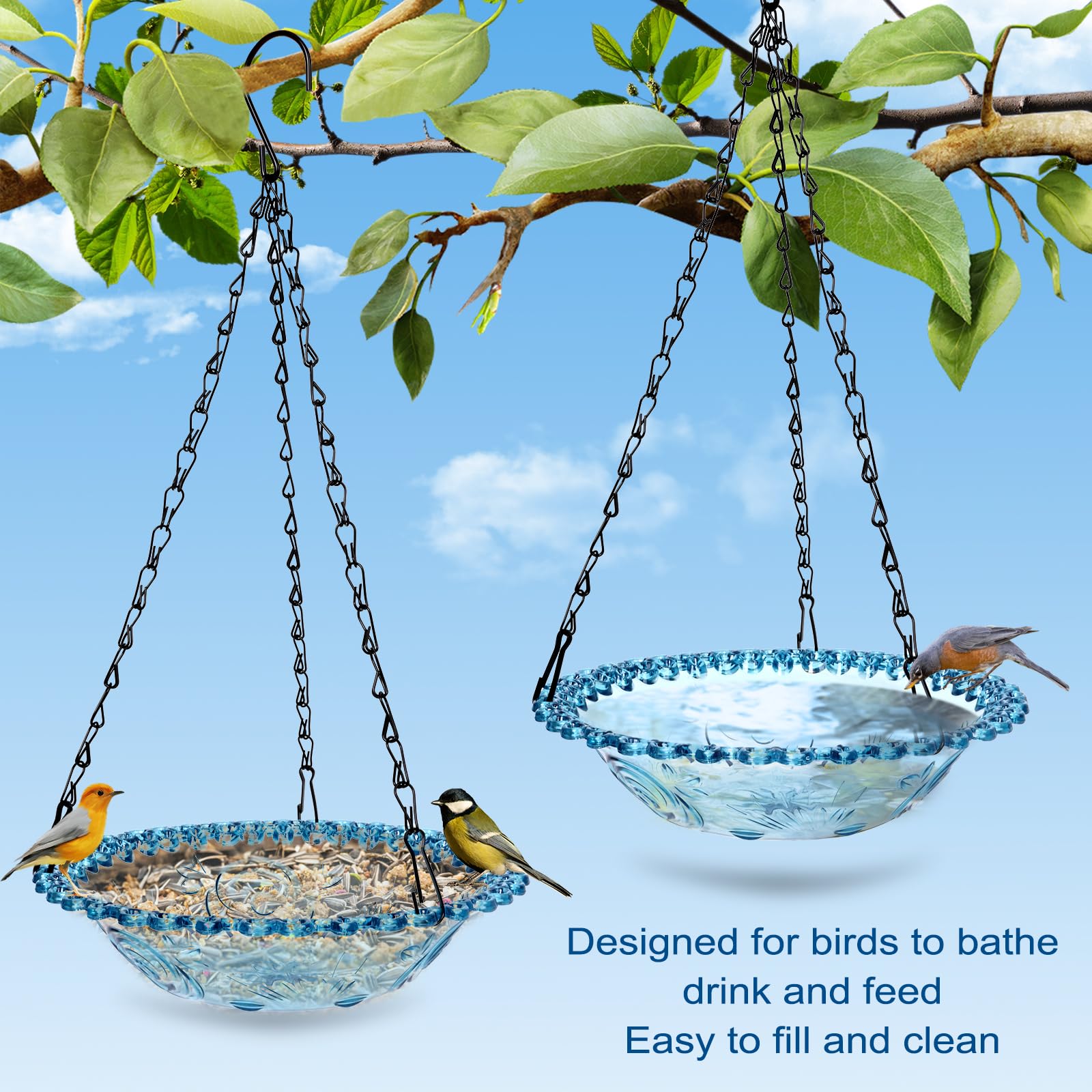 2 Pack Hanging Bird Baths, Blue Plastic Hanging Bird Feeders for Outdoors, Hanging Bird Water Bowl for Garden Yard Decor