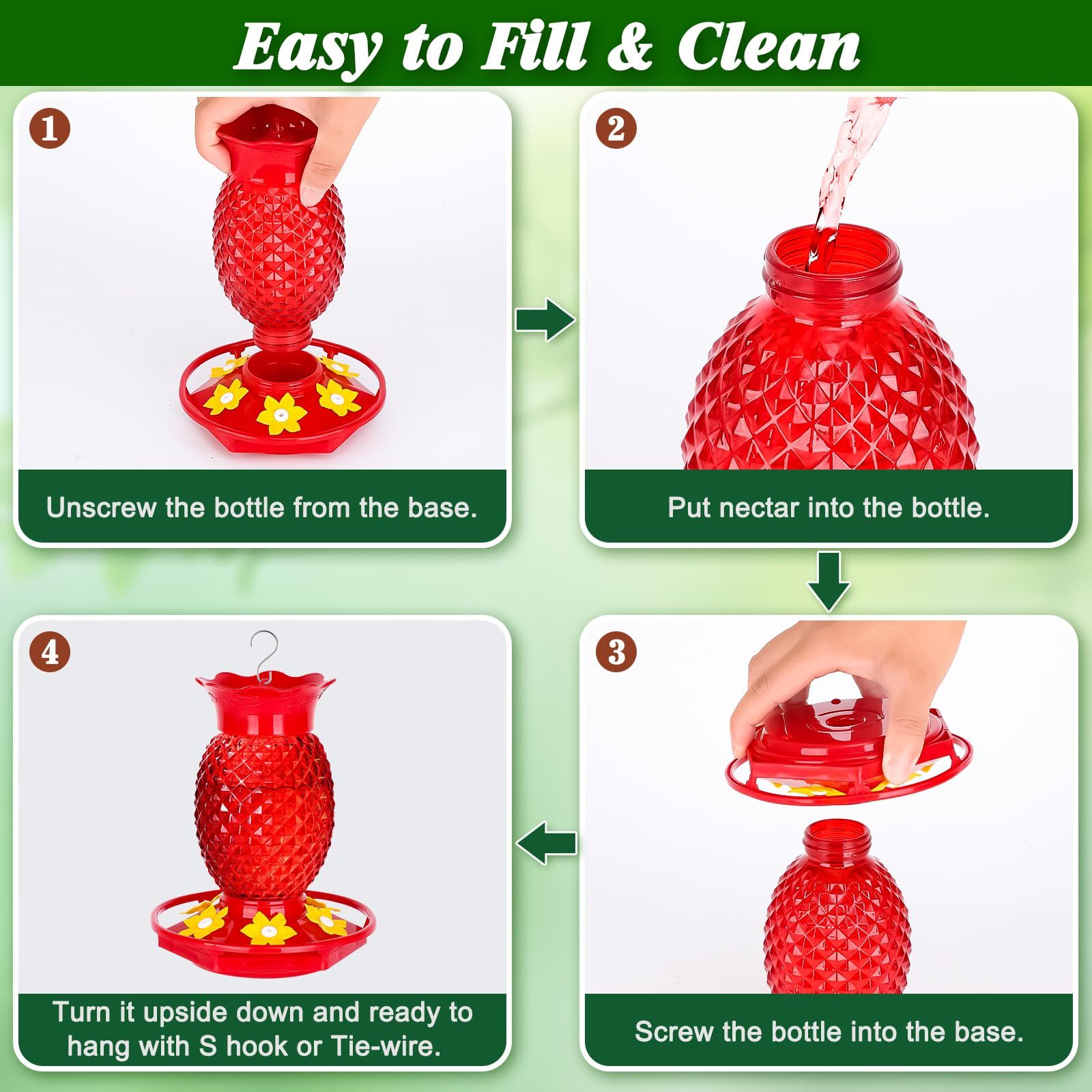 2 Pack Red Pineapple Glass Hummingbird Feeders, 16oz Hanging Outdoor Bird Feeder, 6 Feeding Ports 360° Perch, Bee & Ant Proof Leakproof Easy Clean, Perfect Gifts for Mom