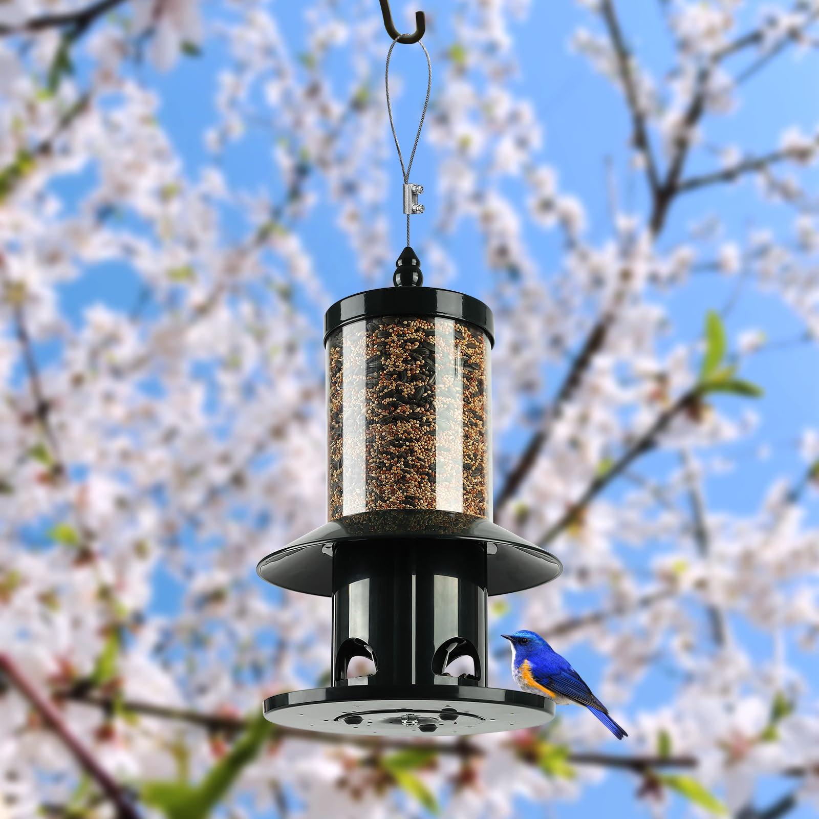 Squirrel Proof Bird Feeder, 360° Feeding Perch Tray, Outdoor Hanging Wild Bird Seed Feeder, Dark Green