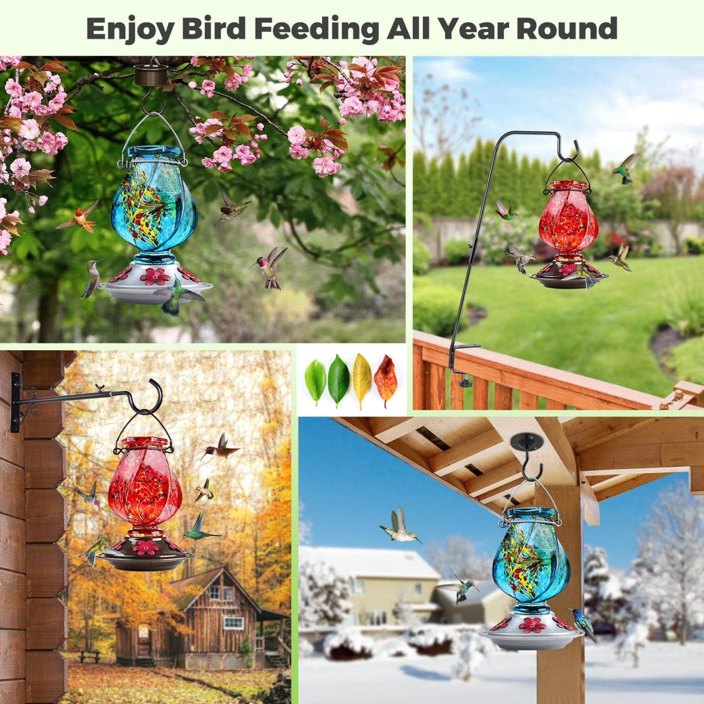 22oz Hand Blown Glass Hummingbird Feeder, Outdoor Hanging with Ant Moat, 5 Bee-Proof Feeding Ports, 360° Perch Leak-Proof Design, Blue Perfect Gift for Mom Dad Women Men