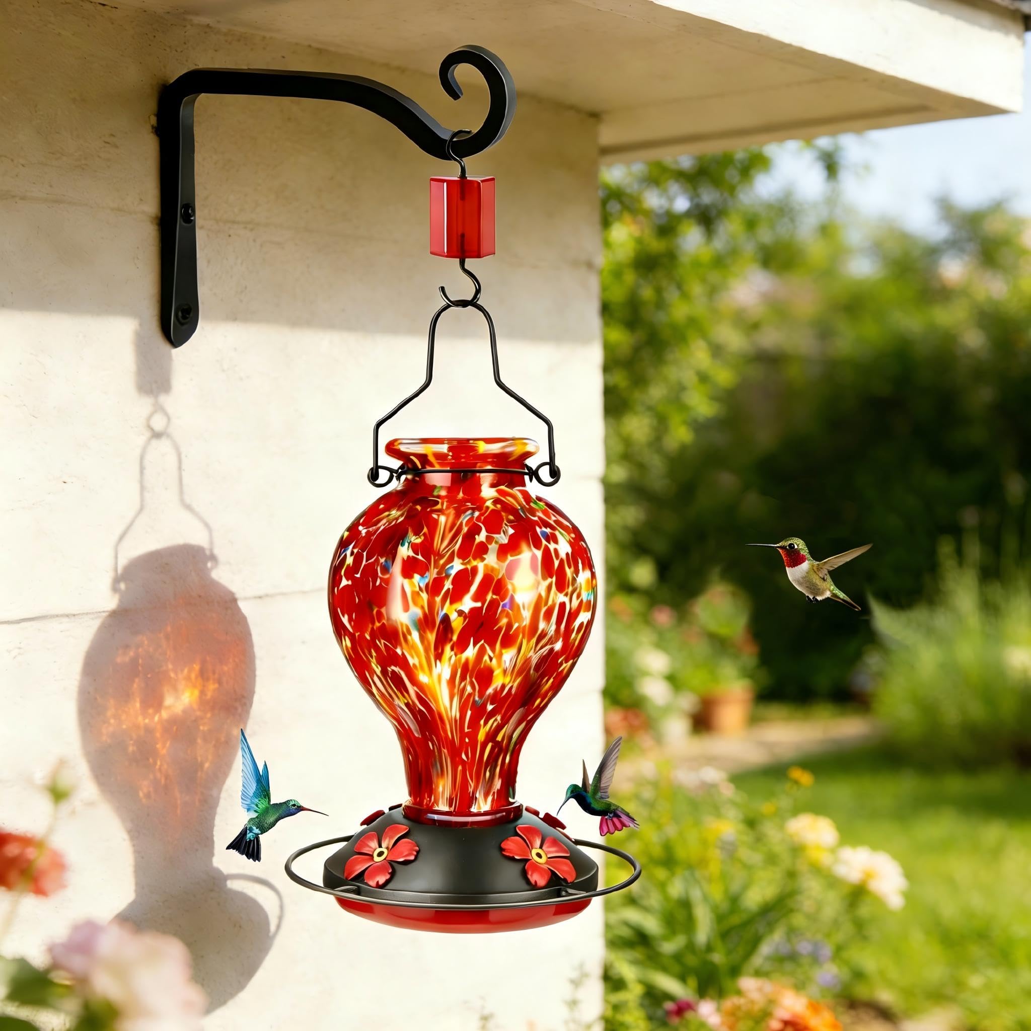 Hand Blown Glass Hummingbird Feeder, 24oz Hanging Wild Bird Feeder with Ant Moat Perch, Bee Resistant Ports, Red Polka Dots Garden Decor Gift for Mom Women