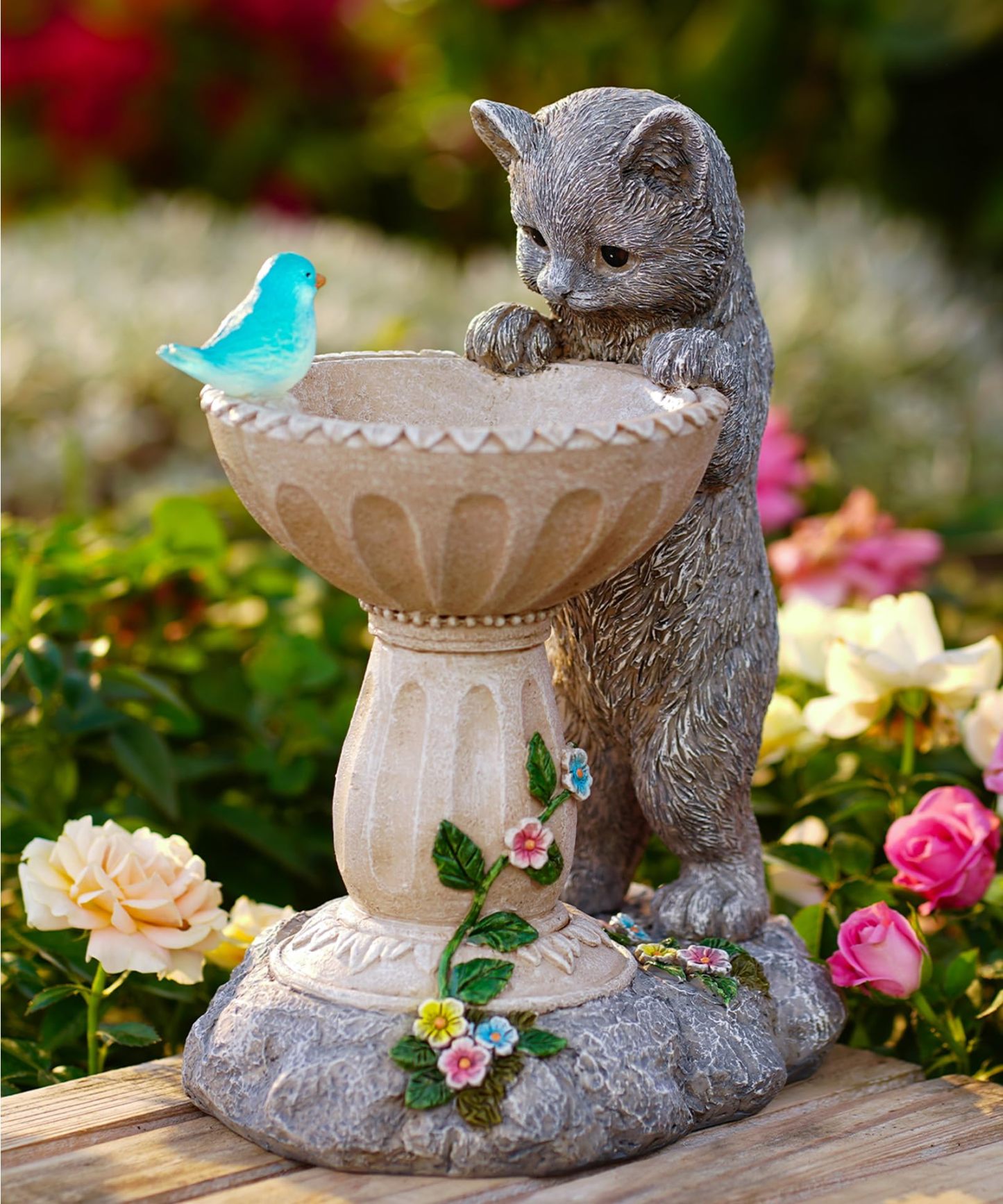 Solar Powered Cat Garden Statue with Auto LED Lights, IP44 Waterproof Resin Outdoor Figurine for Yard Patio Balcony, Unique Birthday Gift for Mom, Grandma & Bird Lovers