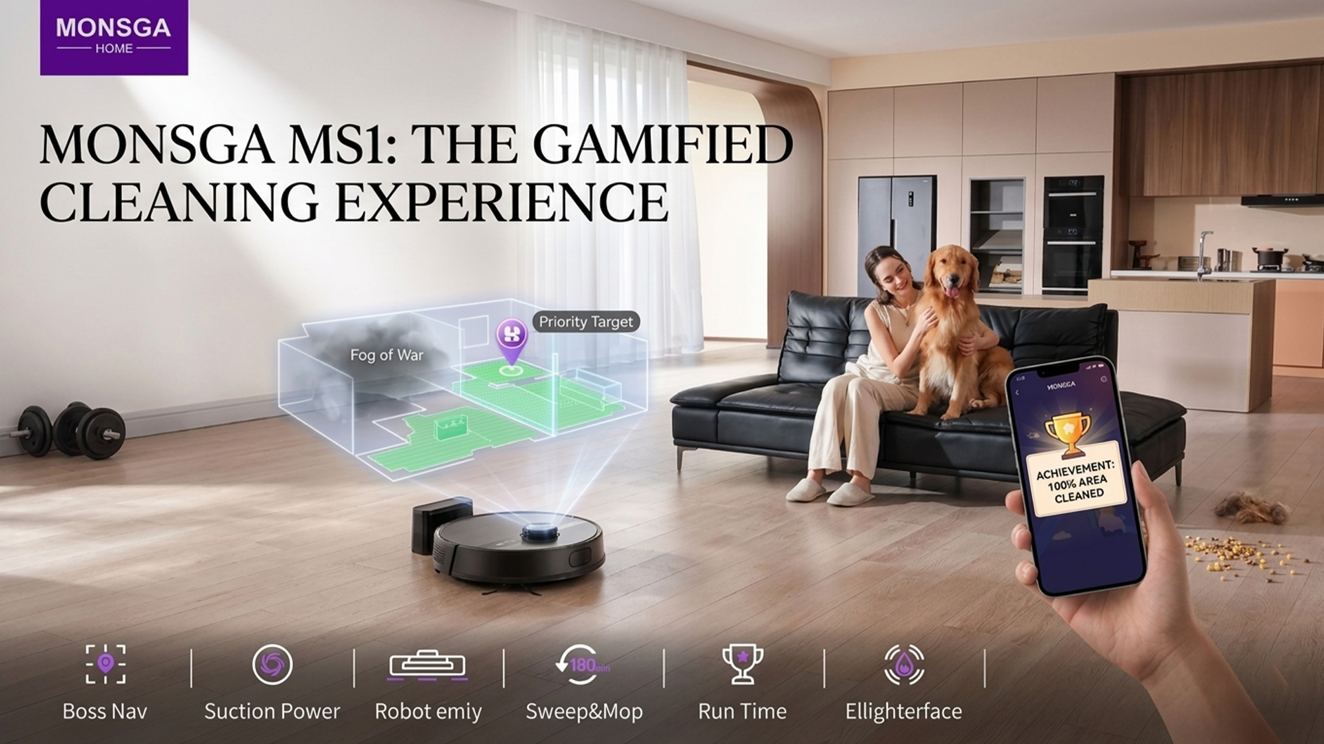 MONSGA MS1 smart vacuum banner. Black robot vacuum in minimalist living room with light blue laser radar lines and floor plan outline. Golden retriever in corner. Text: "MONSGA MS1: The Gamified Cleaning Experience." Tech meets home style.