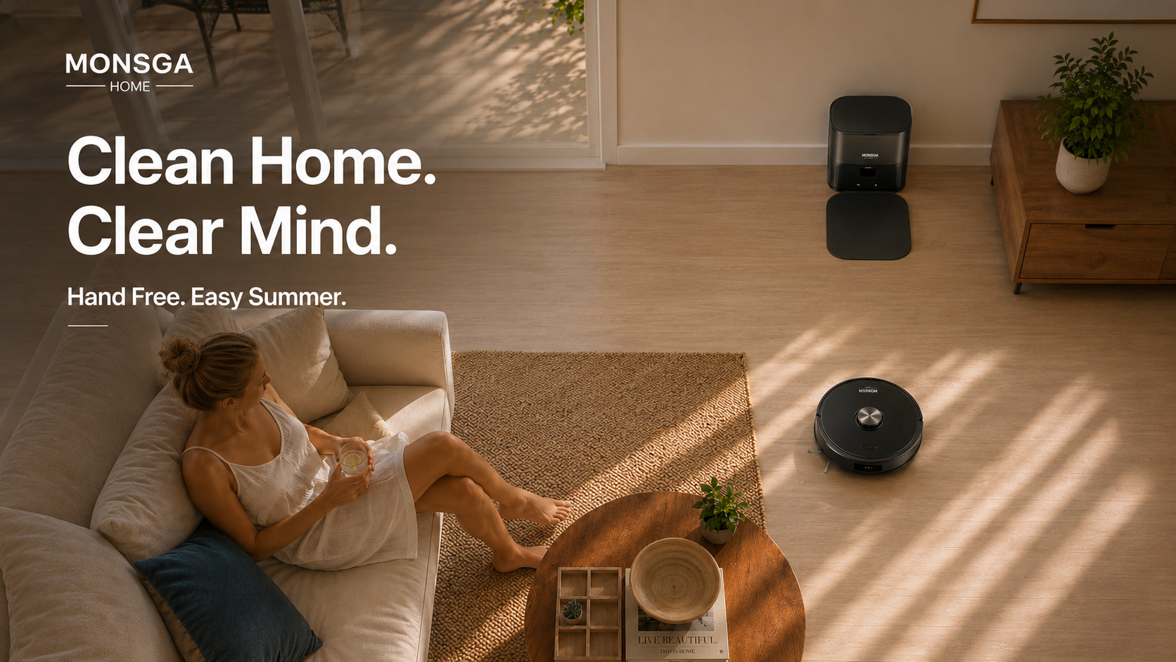 MONSGA robot vacuum cleans a sunlit modern living room while a woman relaxes on a sofa. Warm natural light, light wood flooring, and minimalist décor create a calm summer atmosphere.