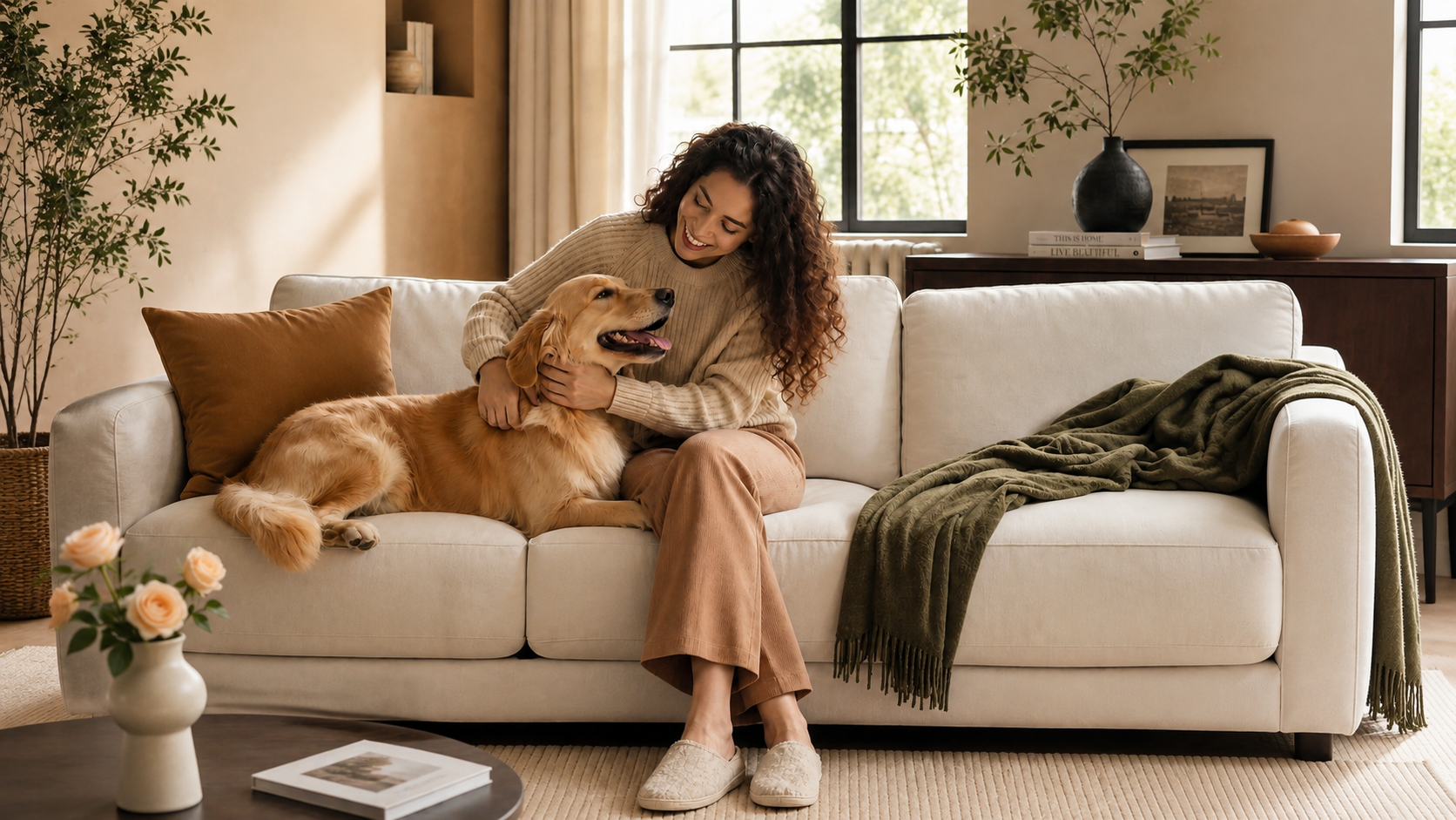 A woman cuddles her golden retriever on a cozy sofa in a sunlit modern living room. 