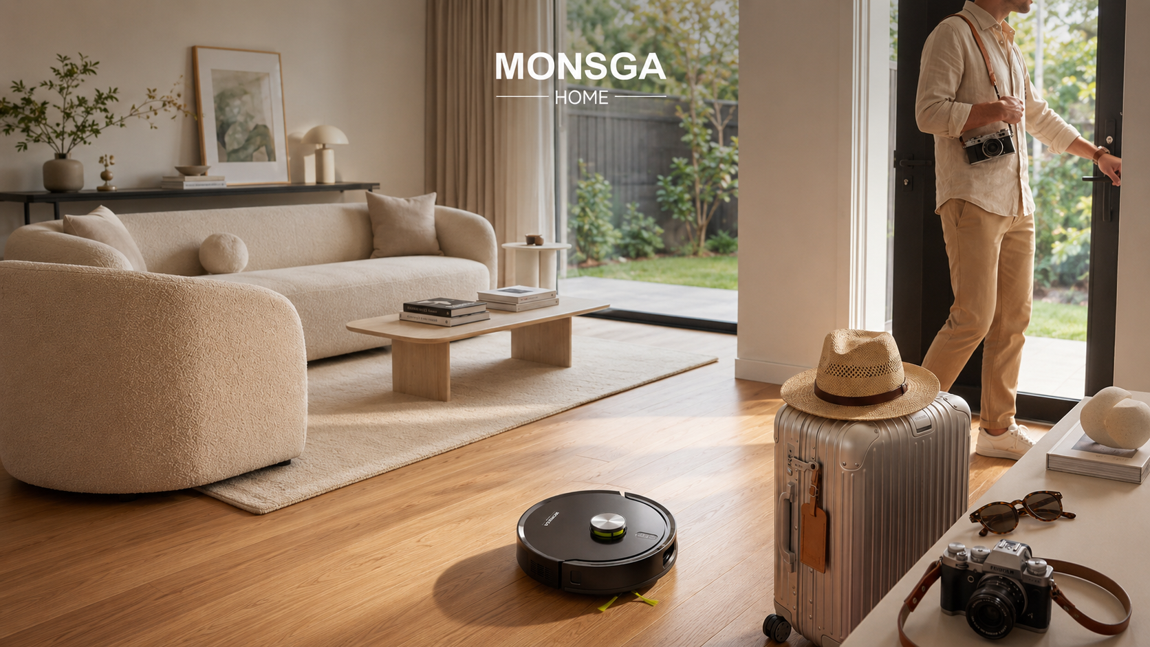 MONSGA HOME lifestyle scene: A black robot vacuum cleans a cozy, cream-themed living room. Nearby, a silver suitcase with a straw hat and vintage cameras sits by the door, where a man is stepping out for a trip.