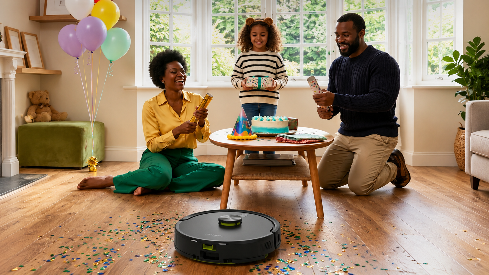 A smiling Black family celebrates a birthday in a sunlit living room: a woman in yellow and green, a man in navy, and a child with a gift. A robotic vacuum cleans colorful confetti off the hardwood floor, with balloons and a cake on the table.