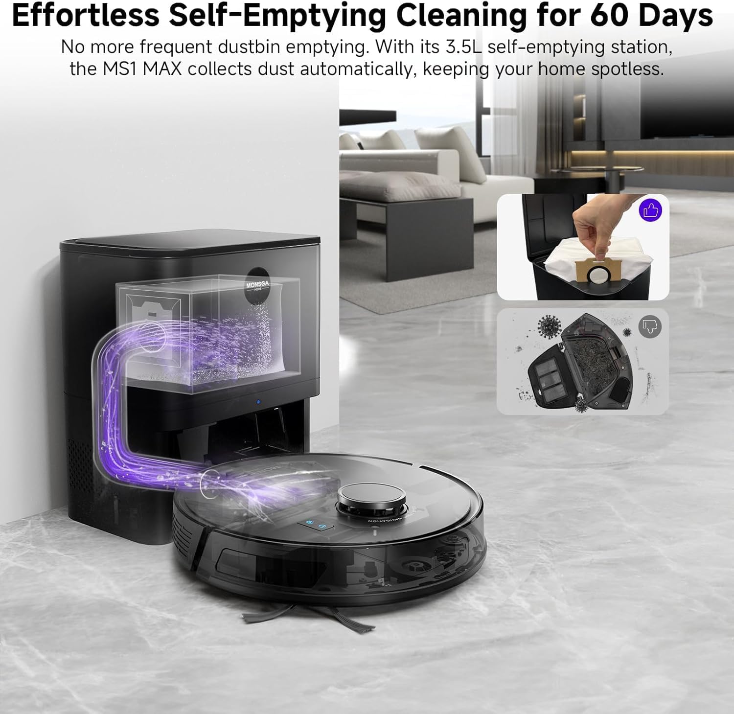 MONSGA Robot Vacuum and Mop Combo, 6000Pa Robotic Vacuum with 3.5L Self Emptying Station, Lidar Navigation Robot Vacuum Cleaner, 180mins Runtime,MS1 MAX