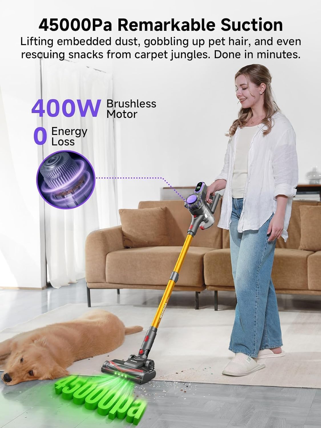 MONSGA Cordless Vacuum Cleaner, 45KPa 400W Stick Vacuum for Home MV3