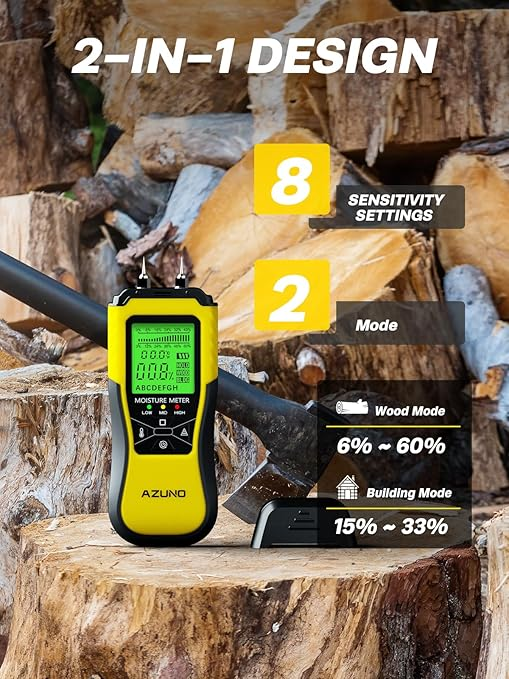 Contor de umiditate pentru lemn AZUNO, tester de umiditate pentru lemn cu 8 moduri, tester digital de scurgeri de apa cu ecran LCD iluminat din spate
