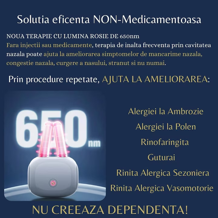 Aparat pentru Rinita Alergica, Terapie Nazala Laser prin Masaj cu Lumina Rosie si Infrarosu, Portabil, Reincarcabil