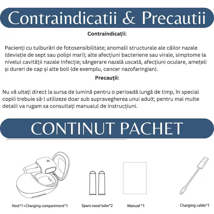 Aparat pentru Rinita Alergica, Terapie Nazala Laser prin Masaj cu Lumina Rosie si Infrarosu, Portabil, Reincarcabil