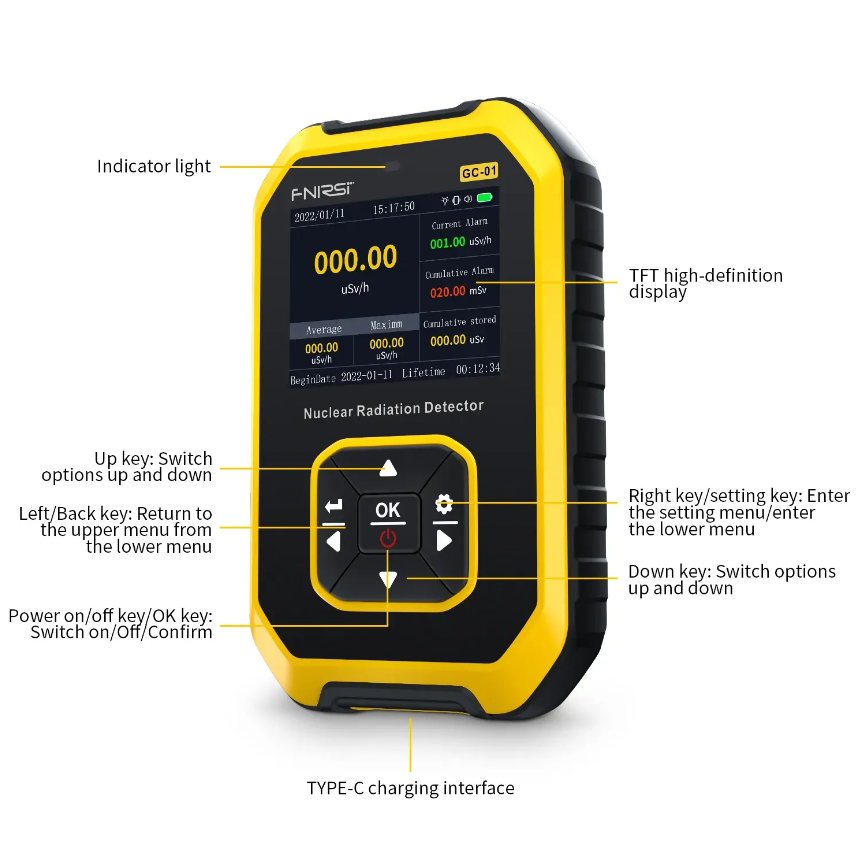 Nuclear Radiation Detector - FNIRSILCD Display Handheld Beta Gamma X-Ray Rechargeable Radiation Moni