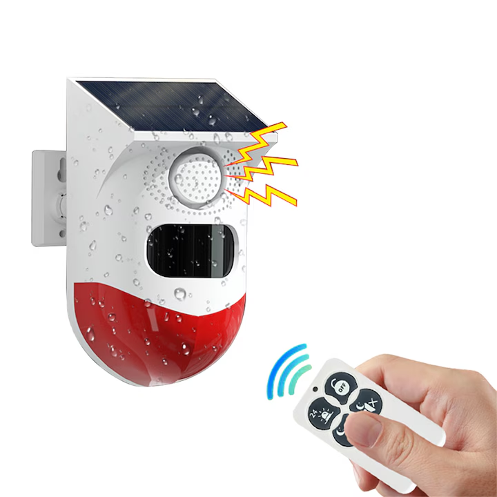 Kit Alarma Solara cu Senzor de Miscare, Sirena de alarma in aer liber cu telecomanda 120 db Lumina sirena de securitate fonica IP65 rezistenta la apa pentru casa, ferma, hambar, vila, curte, WALALLA