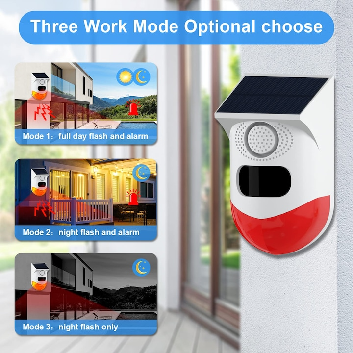 Kit Alarma Solara cu Senzor de Miscare, Sirena de alarma in aer liber cu telecomanda 120 db Lumina sirena de securitate fonica IP65 rezistenta la apa pentru casa, ferma, hambar, vila, curte, WALALLA