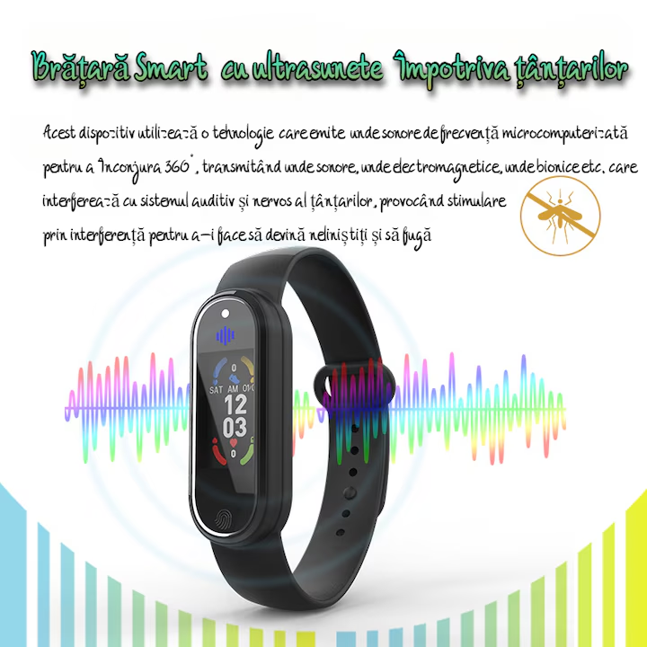 Bratara anti-tantari cu Ultrasunete si Bratara fitness Smart VENTLEX 2 in 1, Ceas digital, 3 Moduri anti-tantari, Compatibil Android si iOS, Conectivitate Bluetooth, Monitorizarea somnului, Numarului de Pasi, Impermeabil IP65, Incarcare USB, Unisex, Negru