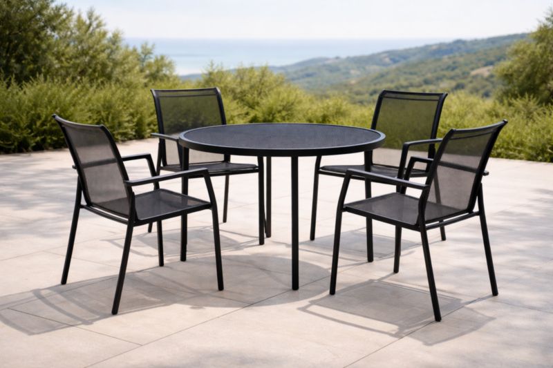 Ensemble de Table Ronde en Métal avec 4 Chaises en Textilène Noir